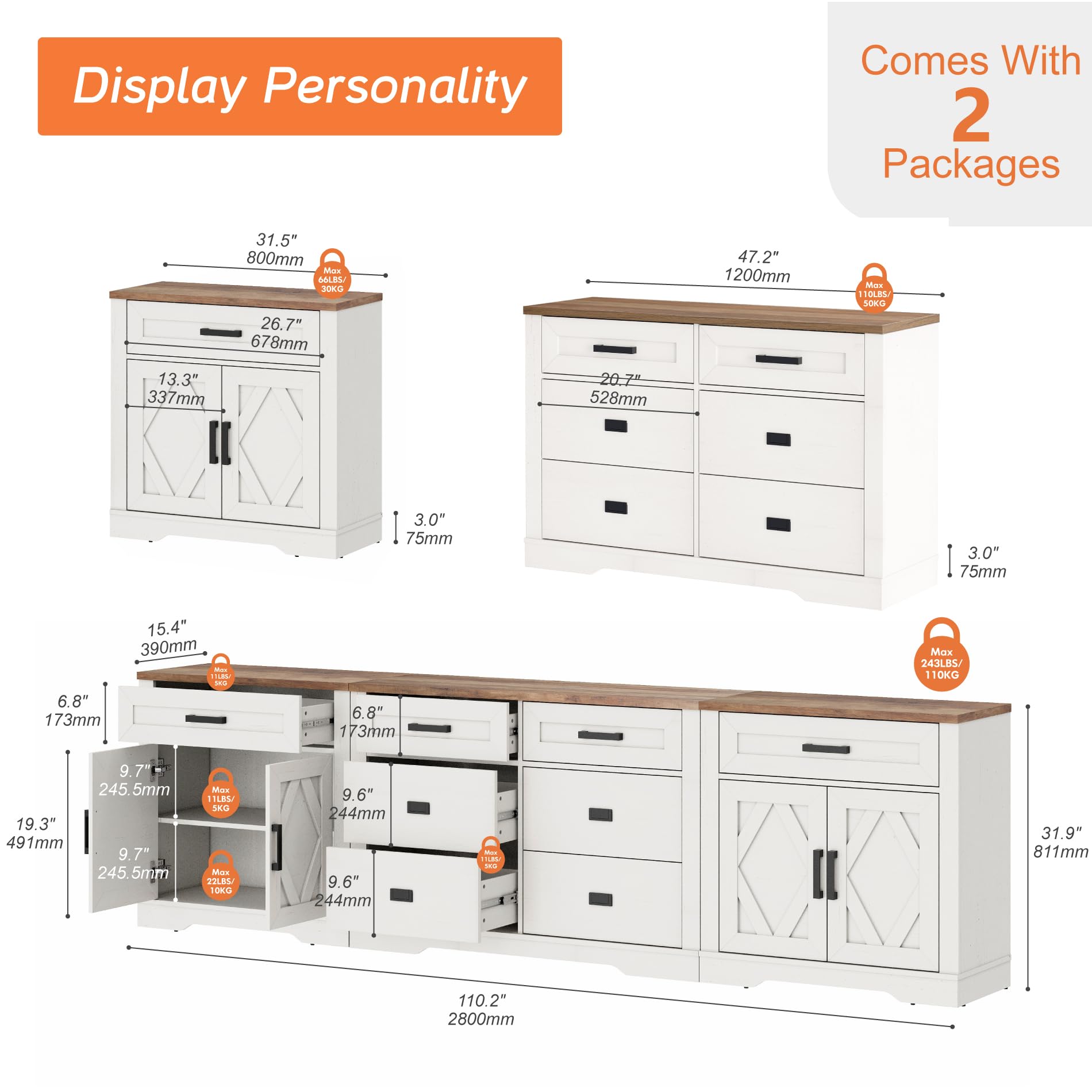 WAMPAT 110" W Large TV Stand,3-in-1 Farmhouse Entertainment Center with Storage Barn Door Cabinet,TV Console Table with Media Cabinet and Drawers for Living Room,Bedroom,Cream White