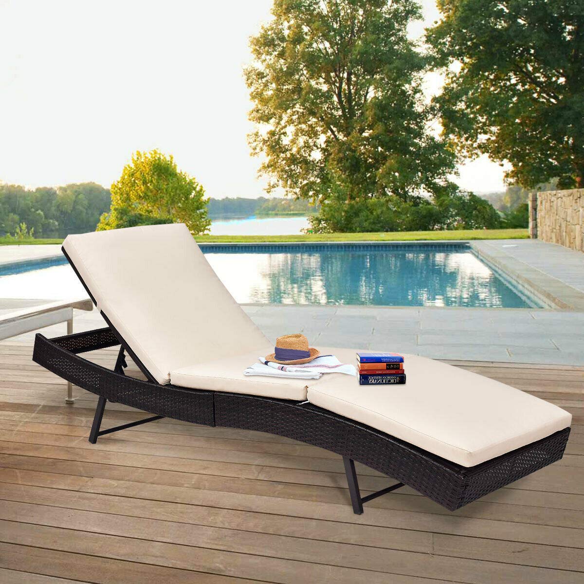 Tangkula Patio Reclining Chaise Lounge, Outdoor Beach Pool Yard Porch Wicker Rattan Adjustable Backrest Lounger Chair