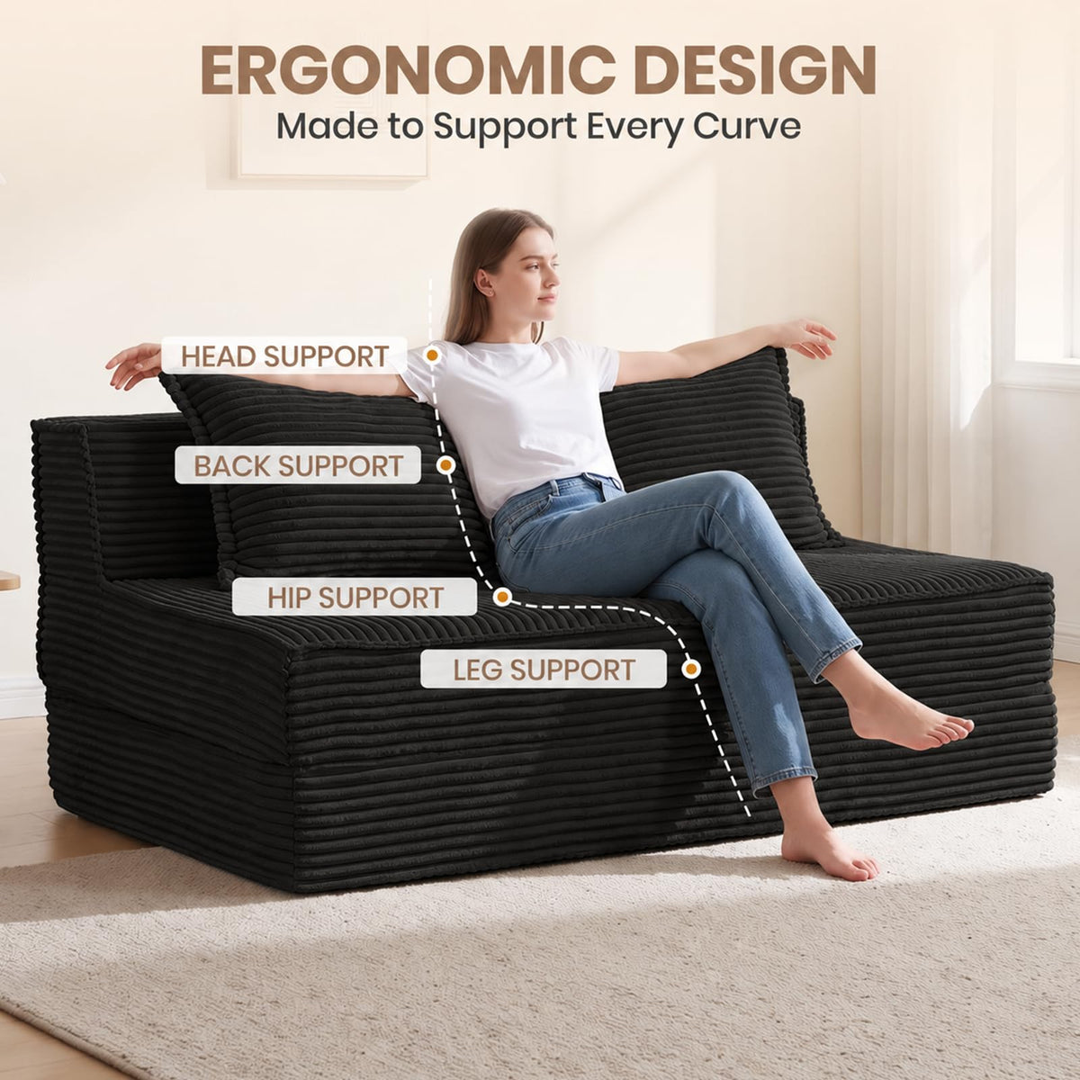 AOLVDOW Convertible Sofa Bed, Boneless Couch Loveseat Sleeper Chair Bed with 2 Pillows,Corduroy Floor Futon Folding Sofa Bed for Living Room Bedroom Guest Room (Black, Loveseat)