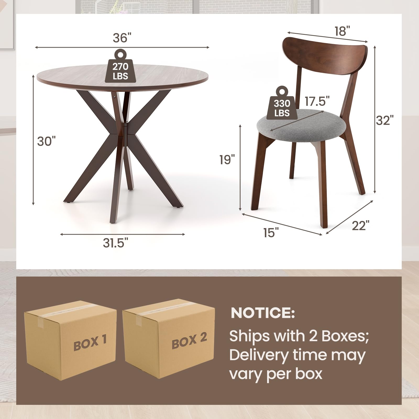 Round Dining Table Set for 2, Mid-Century Modern, 3-Piece Kitchen Bistro Set