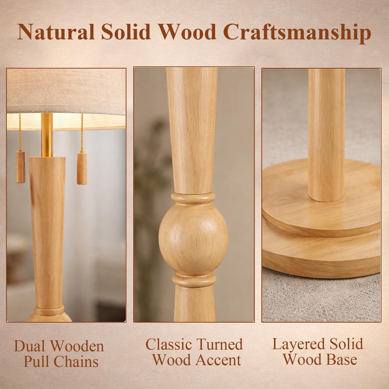 MOFFE 62.8" Solid Wood Floor Lamp,Tall Standing Floor Lamp with 2-Light Pull Chain, 17" Linen Drum Shade, Sculptural Wood Base & Stem,Transitional Floor Lamp for Living Room Bedroom, Includes 2 Bulbs