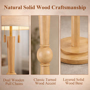 MOFFE 62.8" Solid Wood Floor Lamp,Tall Standing Floor Lamp with 2-Light Pull Chain, 17" Linen Drum Shade, Sculptural Wood Base & Stem,Transitional Floor Lamp for Living Room Bedroom, Includes 2 Bulbs