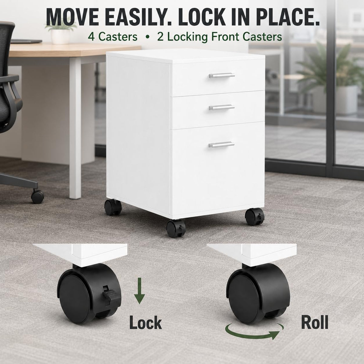 3 Drawer White Preassembled Wooden Under Desk Mobile Printer Stand