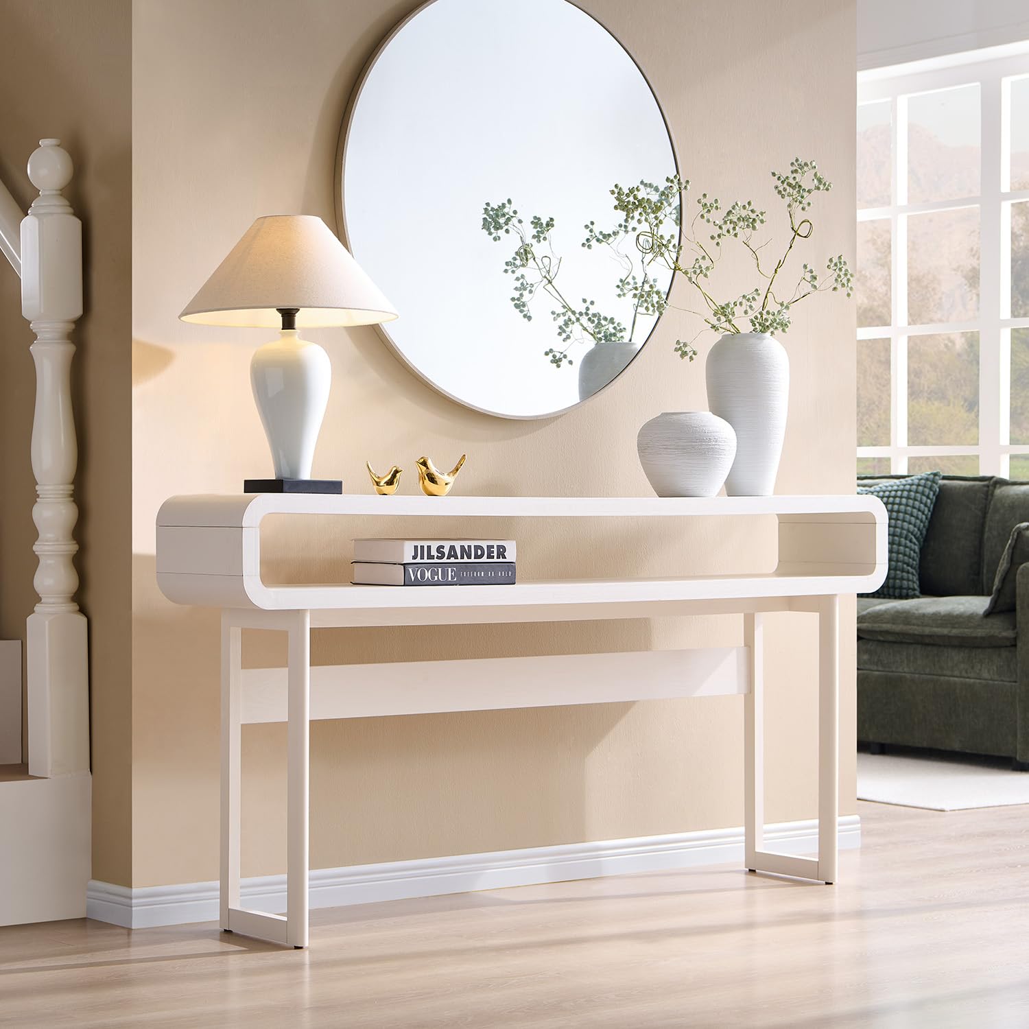 IFGET 63-Inch Long Console Table, 31.5" Tall Modern Entryway Table with Open Storage Shelf, Curved Profile Design, Narrow Wood Sofa Table Behind Couch Table for Living Room, Hallway, Foyer, White
