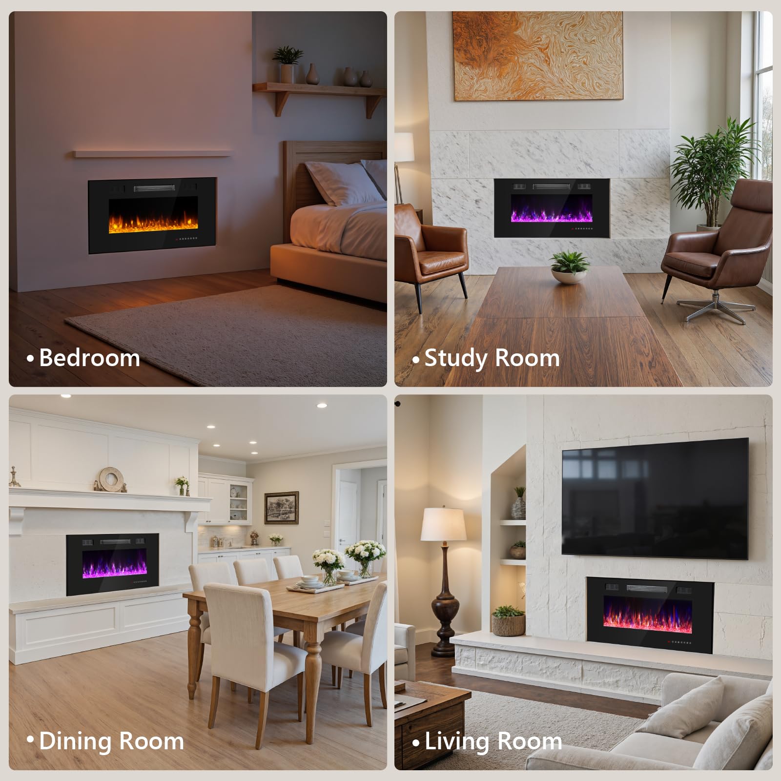 36 Inch Electric Fireplace with Crystal, Electric Fireplaces Insert, Wall Mounted/Recessed Fireplace with Remote Control, 12-Color Flame, Brightness & Speed
