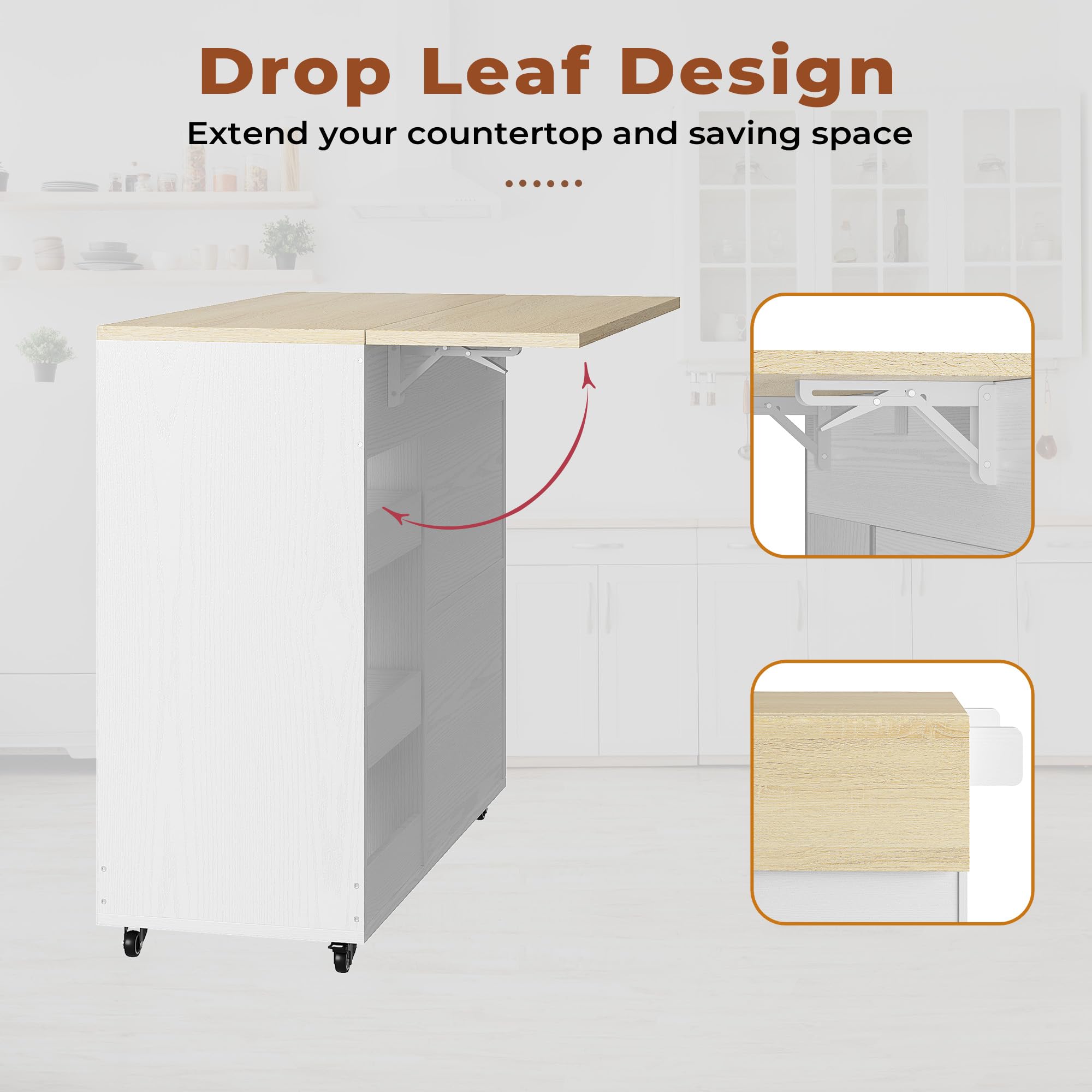 LIKIMIO Kitchen Island with Drop Leaf, Rolling Kitchen Island Cart on Wheels with Storage, Microwave Cart with Pull Out Open Shelves and Drawer, Mobile Kitchen Storage Islands, White