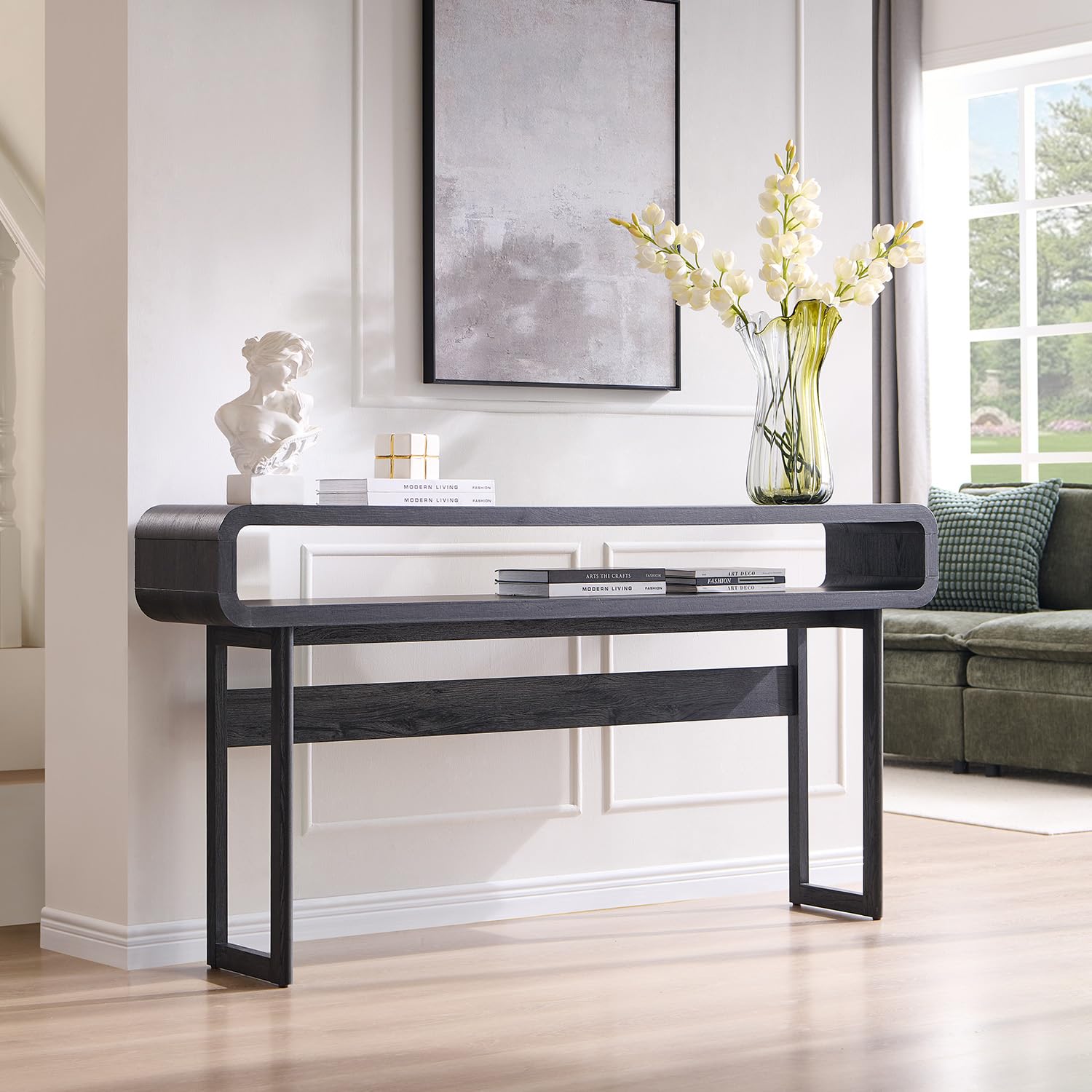 IFGET 63-Inch Long Console Table, 31.5" Tall Modern Entryway Table with Open Storage Shelf, Curved Profile Design, Narrow Wood Sofa Table Behind Couch Table for Living Room, Hallway, Foyer, Dark Grey