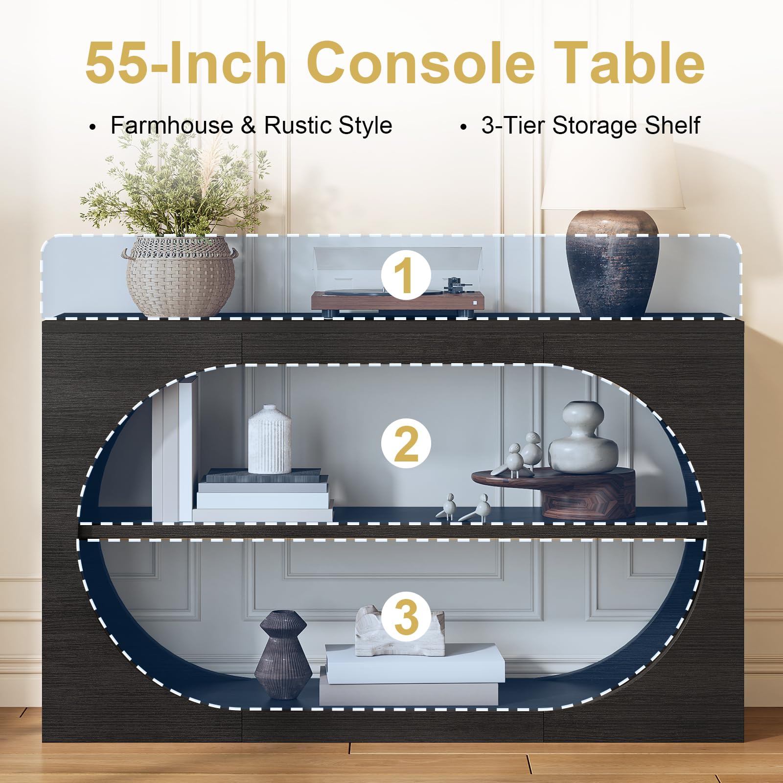 Tarnorci 55-Inch Entryway Table with Storage, 3-Tier Console Tables, Behind Couch Table Wood Narrow Console Tables for Entryway, Living Room, Foyer, Hallway, Entry (Black)