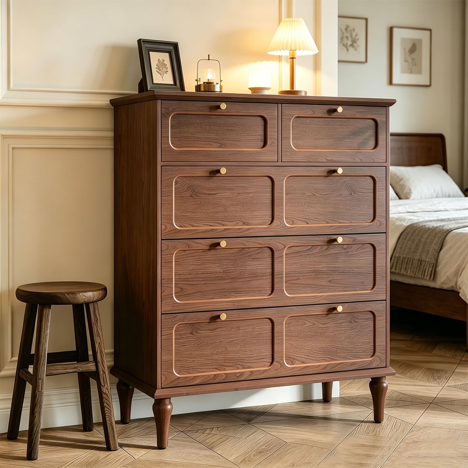 ARTPOWER 5 Drawer Dresser for Bedroom, Tall Dressers & Chests of Drawers with Solid Wood Legs and Brass Handles, Vertical Storage Organizer for Living Rooms, Hallway, Entryways, Offices, Brown