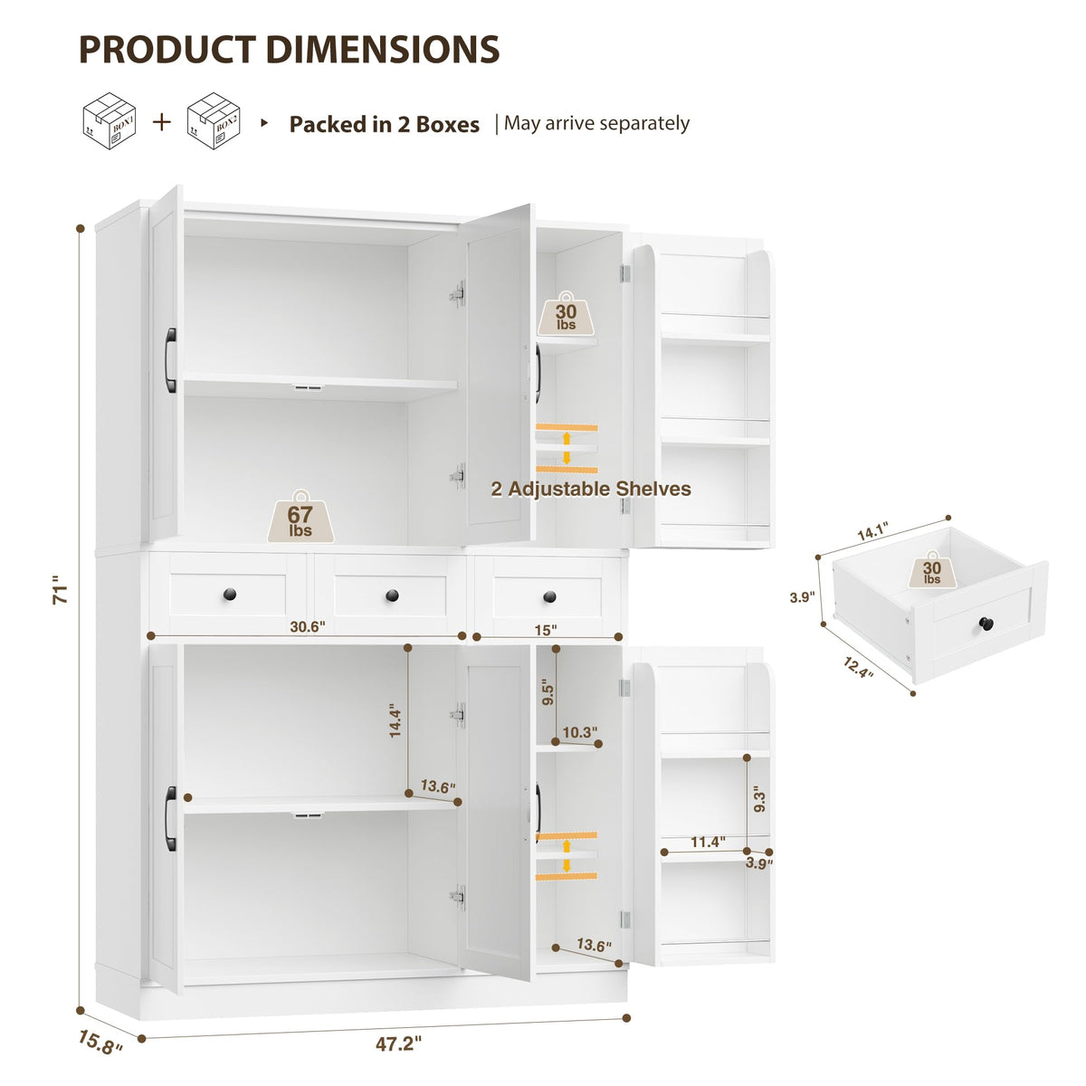 HITHOS 71" Tall Kitchen Pantry Storage Cabinet w/Drawers & Shelves, White