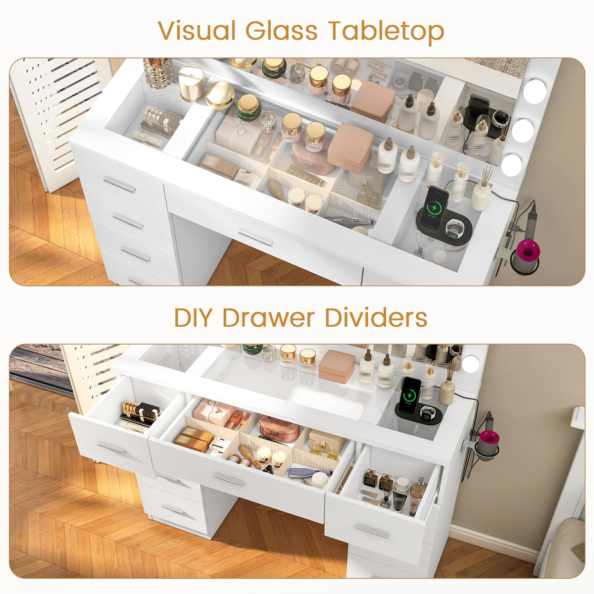 9-Drawer Vanity Desk with LED Mirror