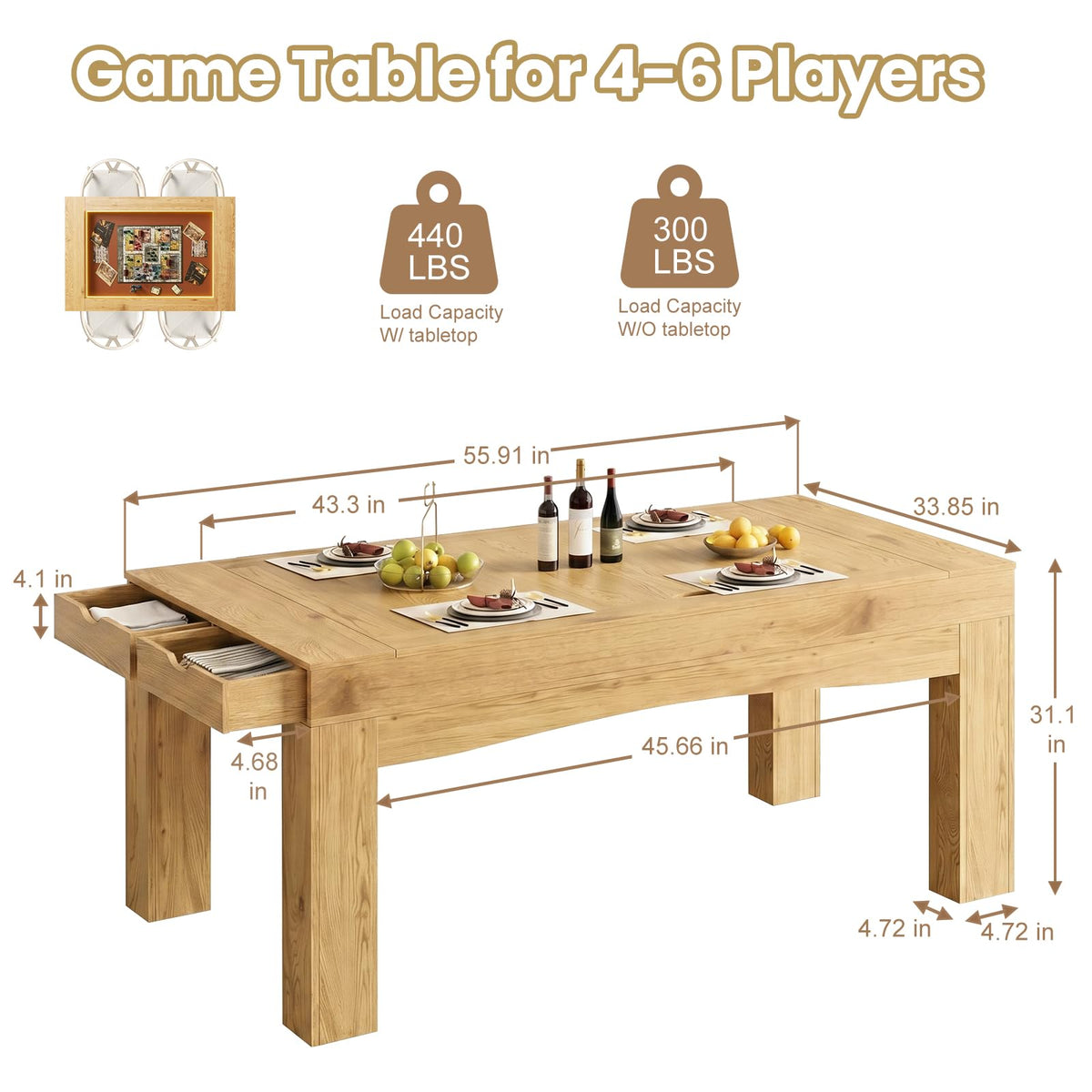 Zevemomo Board Game Table for 4-6 Players, 2-in-1 Gaming Dining Table