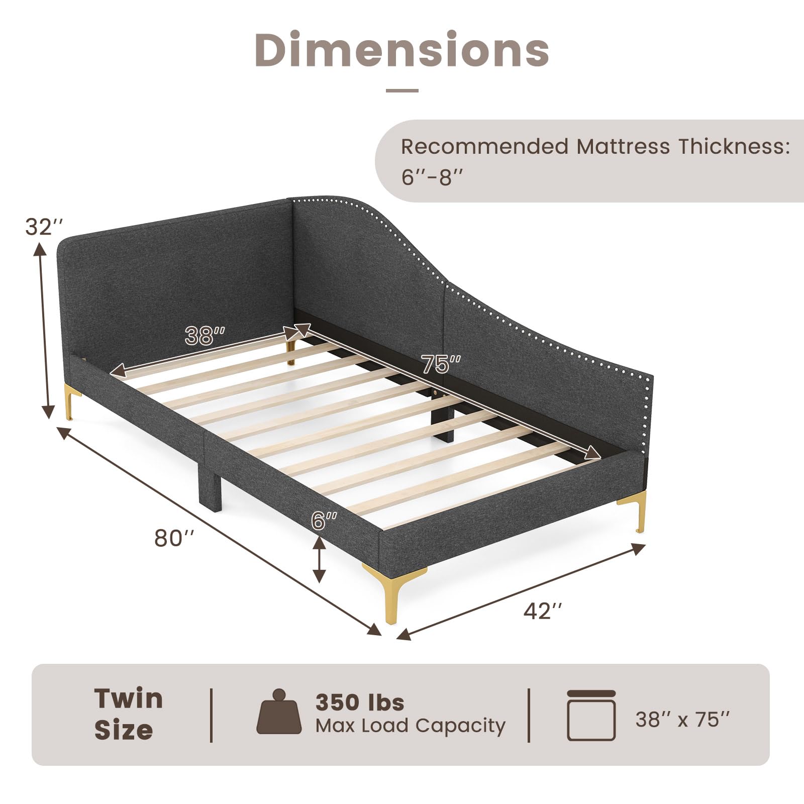 Giantex Twin Size Upholstered Daybed, Rivet-Tufted Platform Bed with Headboard, Metal Legs & Wood Slats, L-Shaped Corner Sofa Bed for Living Room & Guest Room, No Box Spring Needed, Grey