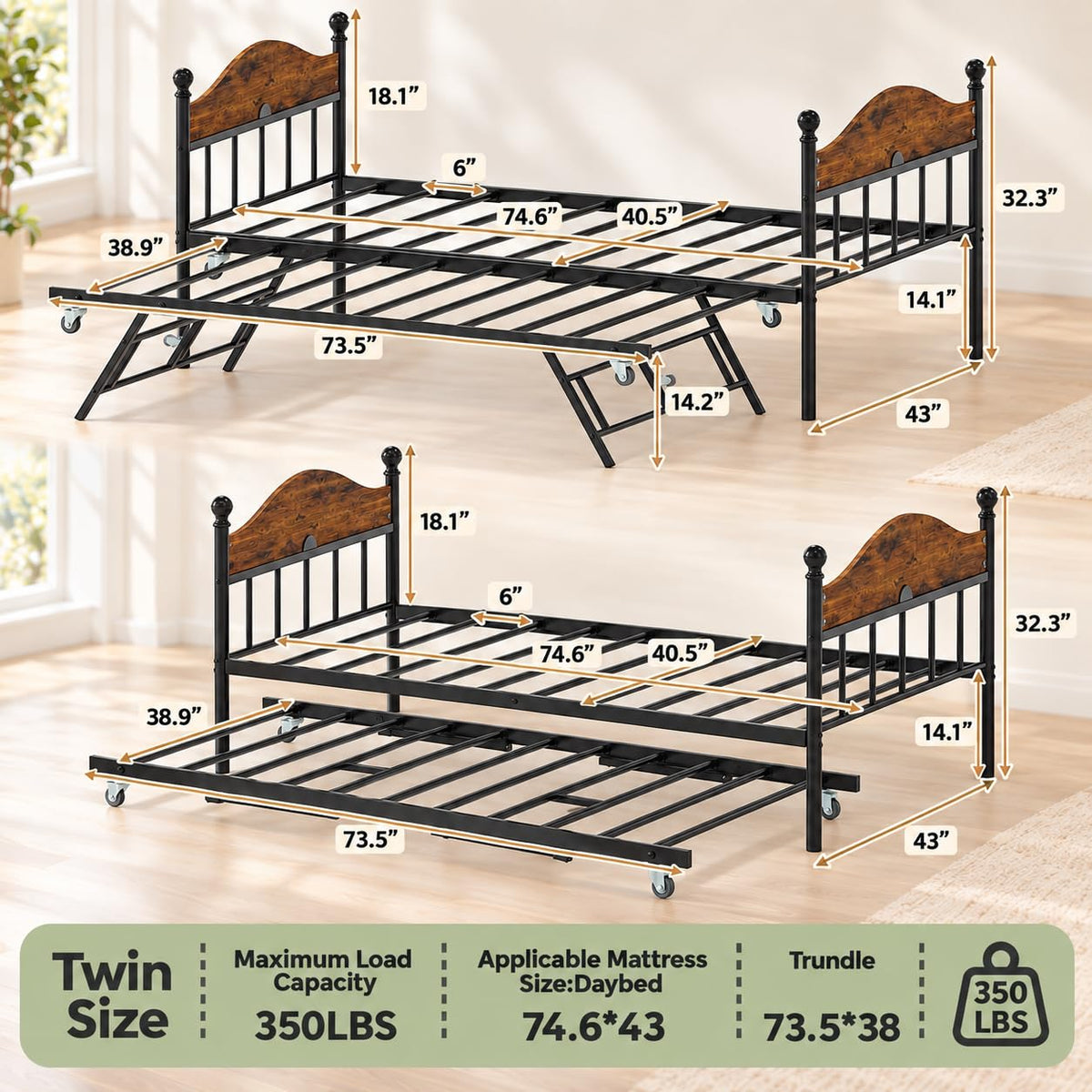 IDEALHOUSE Twin Daybed with Trundle, Foldable Pop Up Metal Twin Bed Frame