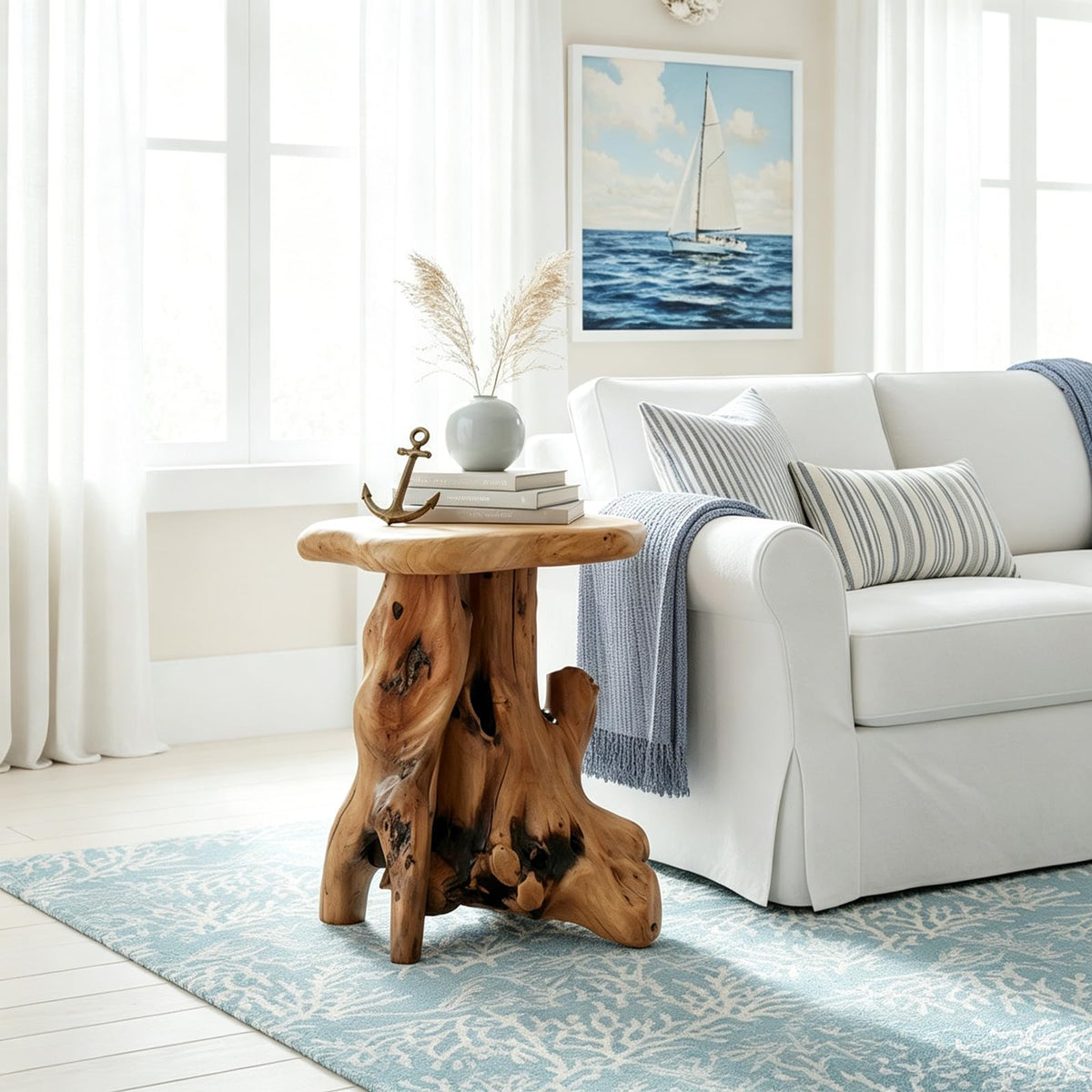 WELLAND Solid Wood Pedestal End Table, 19" H Rustic Accent Table
