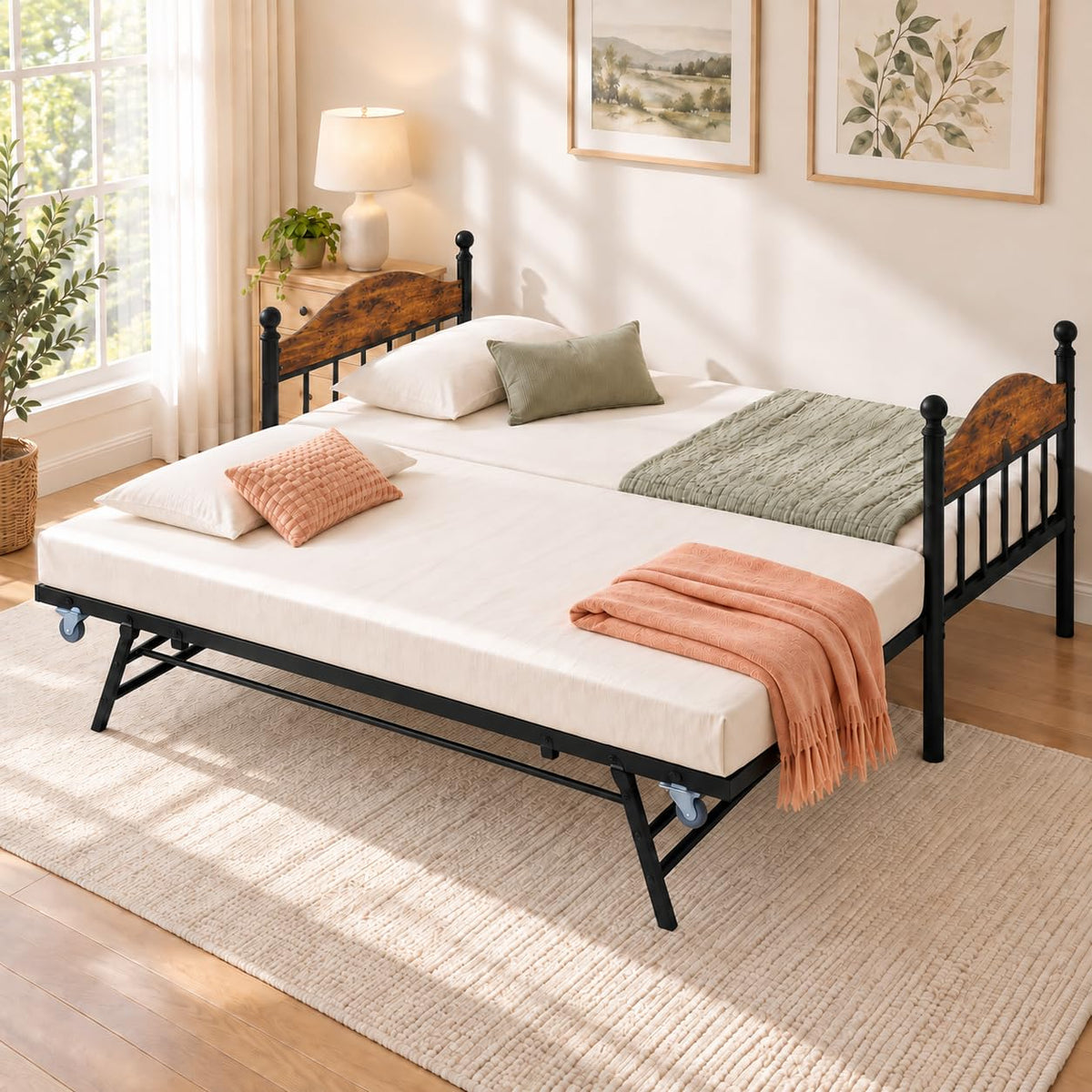 IDEALHOUSE Twin Daybed with Trundle, Foldable Pop Up Metal Twin Bed Frame