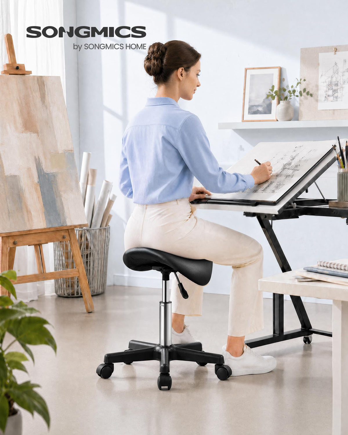 SONGMICS Ergonomic Saddle Stool with Wheels, Rolling Stool