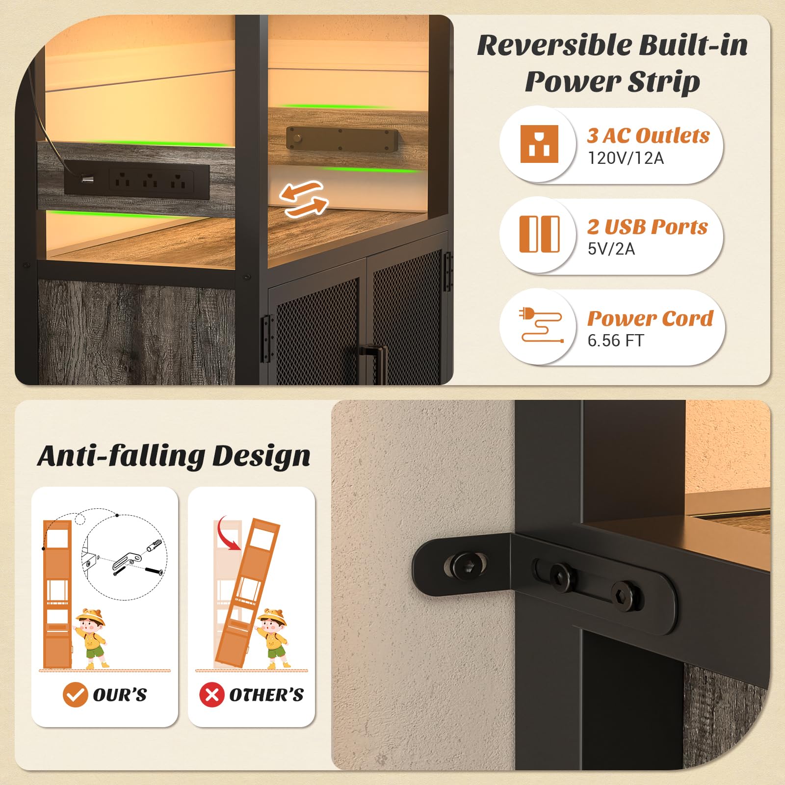 Armocity 82.6" Tall Bar Cabinet with Power Outlets & LED Lights, Liquor Cabinet Bar for Home, Reversible Coffee Station Wine Cabinet with Glass Holder & Wine Rack for Small Space, Grey Oak