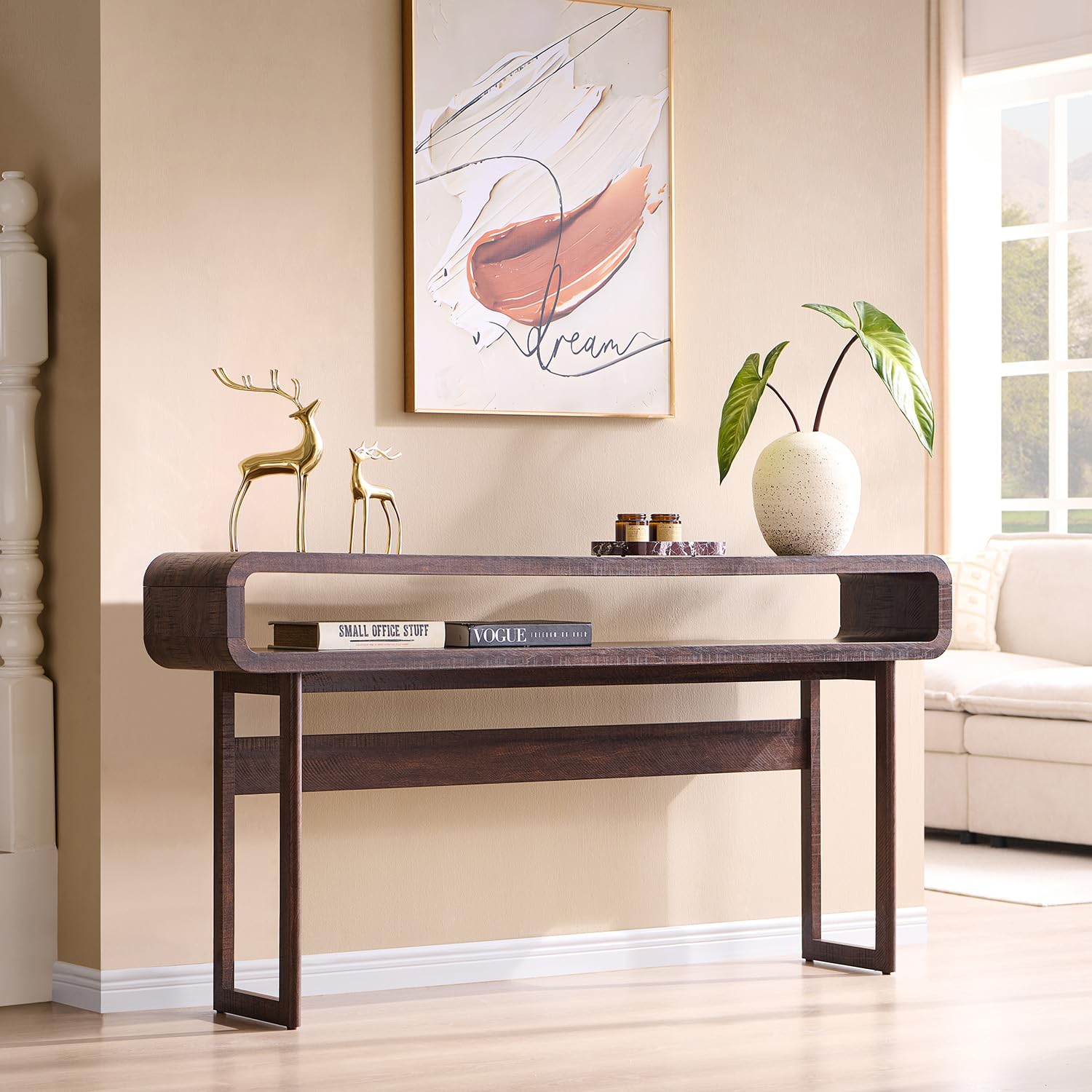 IFGET 63-Inch Long Console Table, 31.5" Tall Modern Entryway Table with Open Storage Shelf, Curved Profile Design, Narrow Wood Sofa Table Behind Couch Tables for Living Room, Hallway, Foyer, Brown