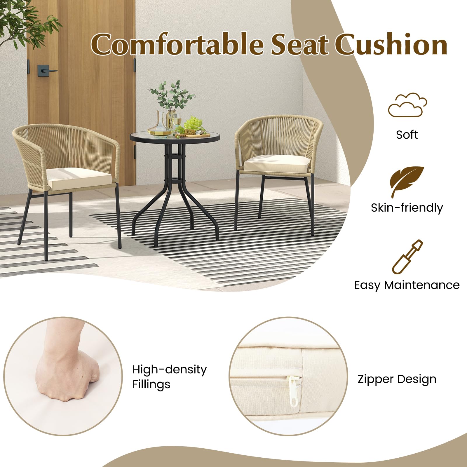 Tangkula Patio Chairs Set of 4, Outdoor Accent Chairs with Woven Rope Curved Backrest & Armrests, Seat Cushion, Adjustable Foot Pads, Modern Dining Chair for Dining Room, Patio, Backyard, Beige
