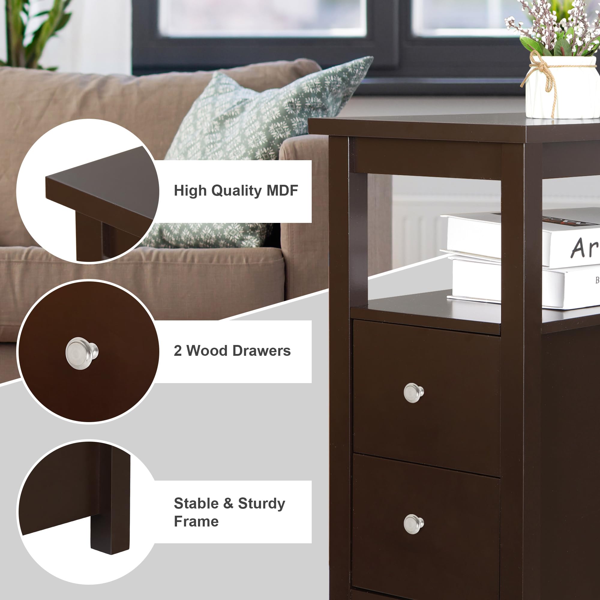 Slim End Table with Drawer & Storage Shelf