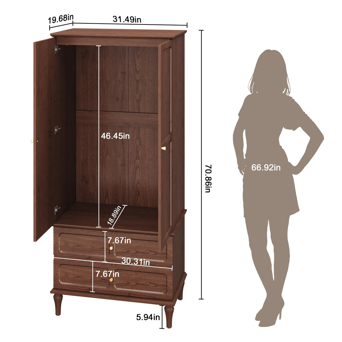 HLR 71" Wardrobe Closet Mid-Century Modern Style,Brown