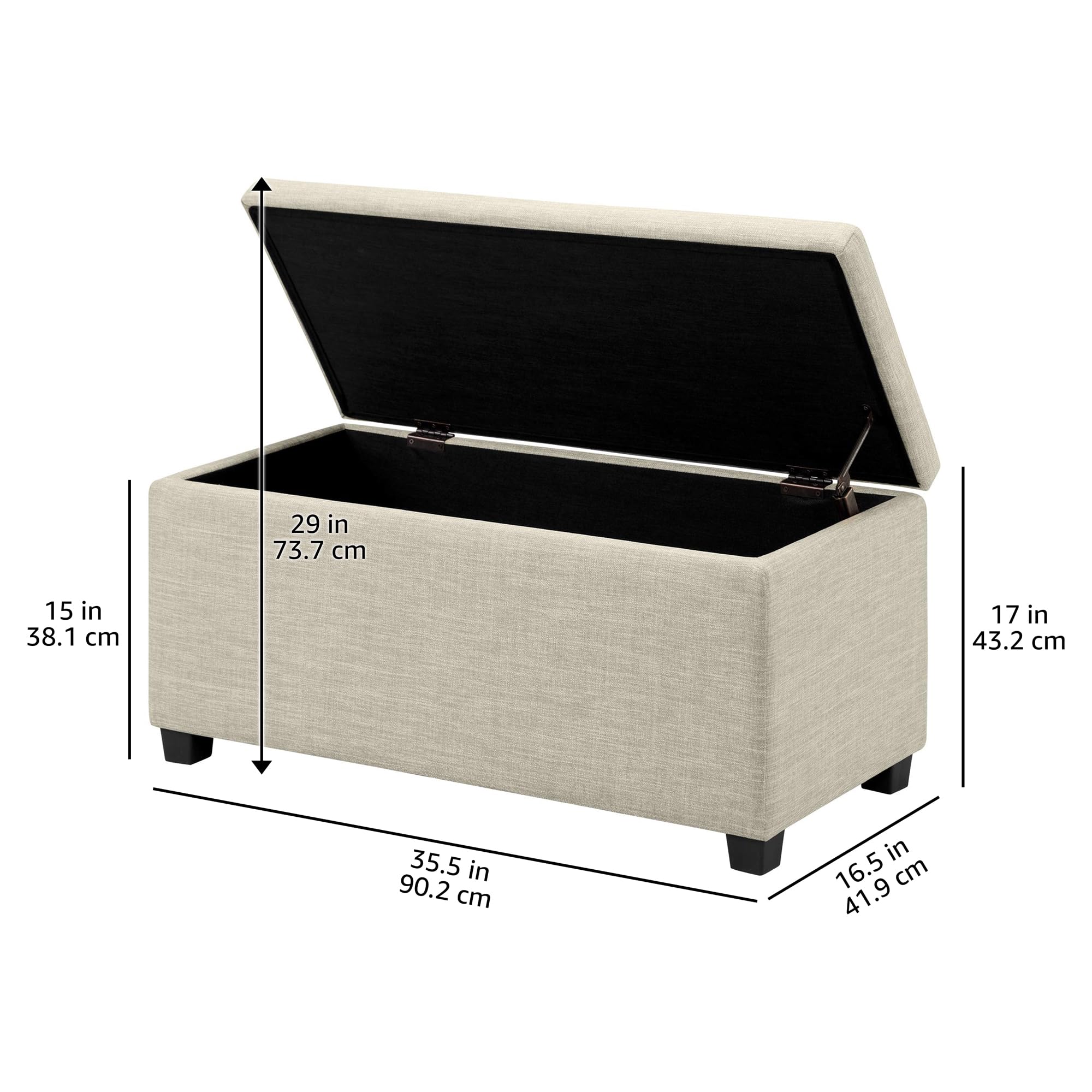 Amazon Basics Upholstered Storage Ottoman Bench with Soft Close Lid, Child-Safety Hinge, No Assembly Required, 35.5"W x 16.5"D x 17"H, Beige