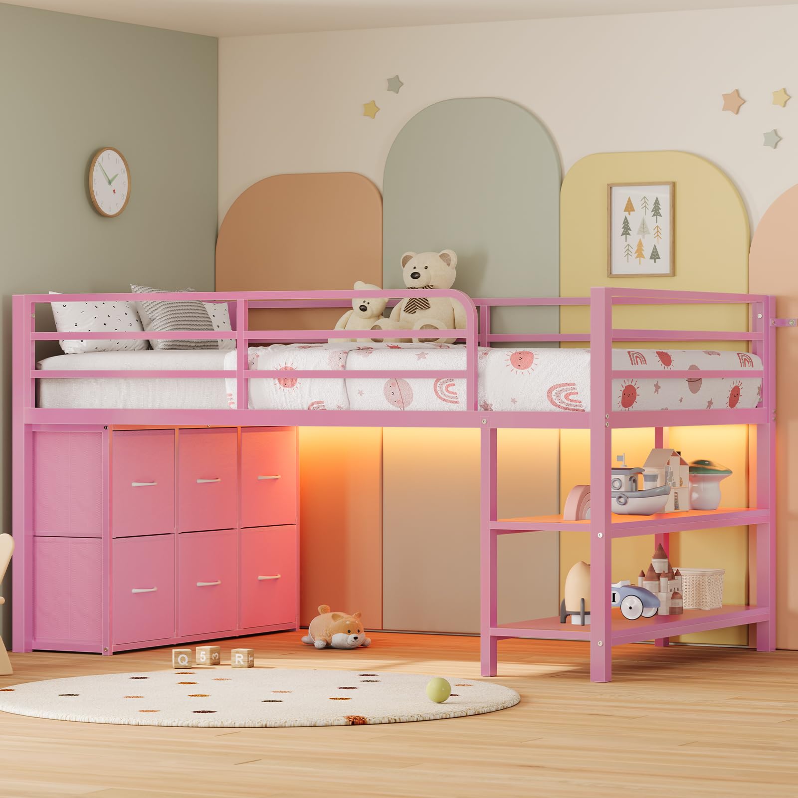 Kids Twin Low Loft Bed with LED Lights & Storage