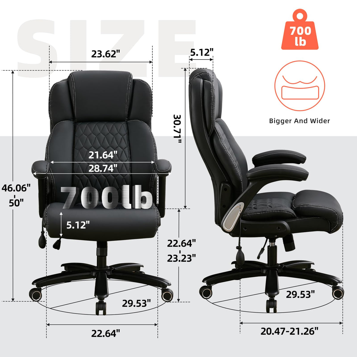700lbs Big and Tall Office Chair - Heavy Duty Executive Desk Chair with Inflatable Lumbar Support, Extra Wide Padded Seat, Flip-up Arms, Metal Base & Quiet Rubber Wheels, High Back Ergonomic Chair