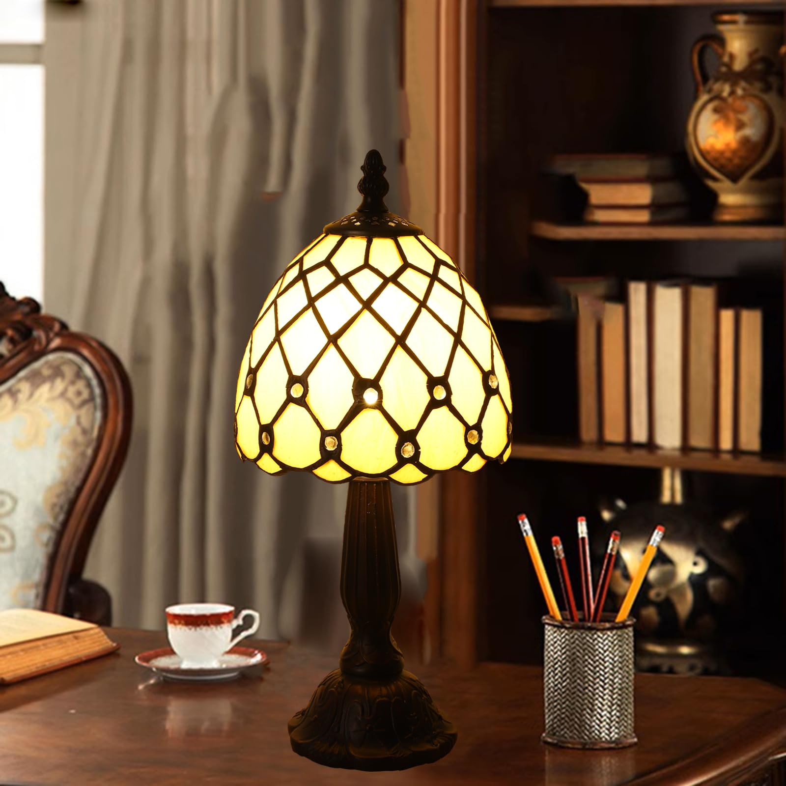 KALOUFUL Small Tiffany Style Table Lamp,3 Color Temperature Beads Light Gold Stained Glass Table Lamps for Living Dining Room,Bedroom,Bedside Nightstand Night Light+LED E12 Bulb,6X6X13Inch