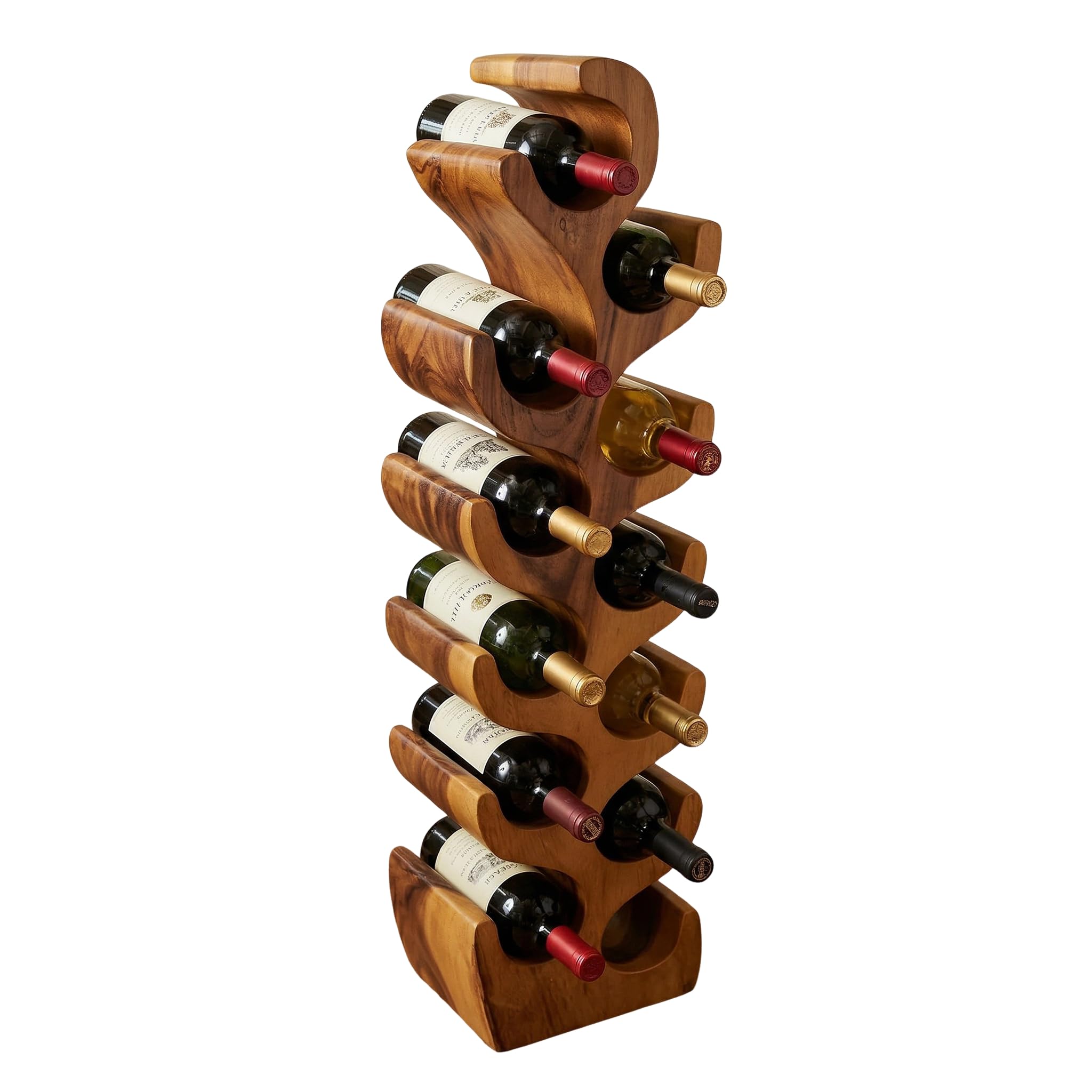 Greenage 12-Bottle Wine Rack Floor Standing, 10.2" Wide Narrow Solid Wood Wine Holder for Small Spaces, Rustic Acacia Tall Wine Shelf for Kitchen, Pantry, Bar, Home Decor, Natural Tan
