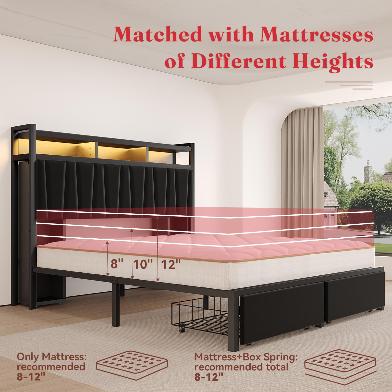 LED Platform Bed Frame with Storage Headboard & Charging Station