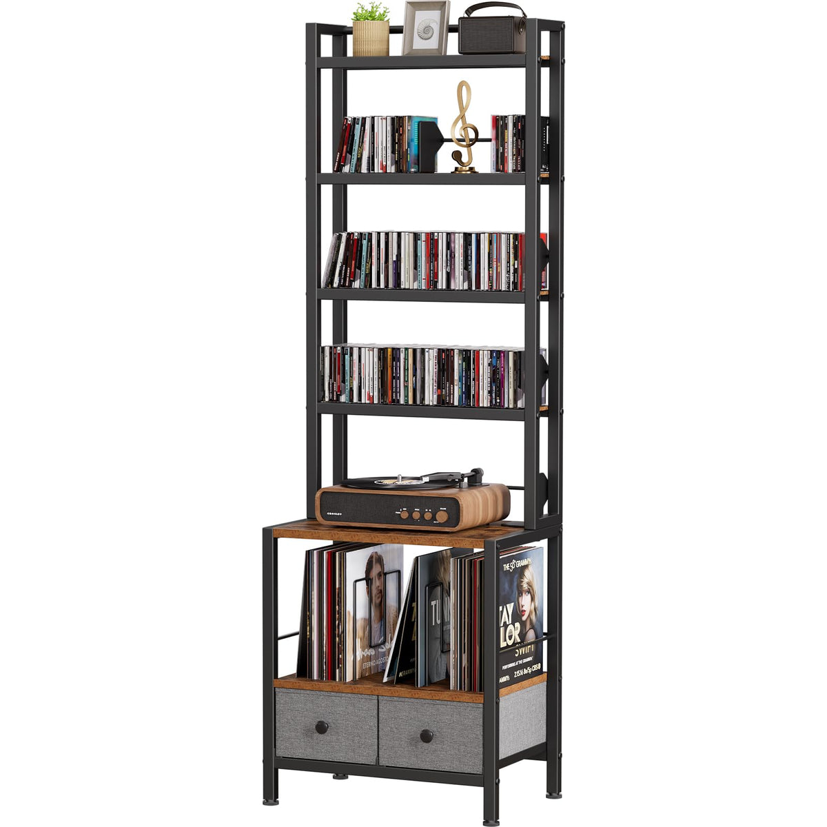 Epouseter 6-Tier DVD Shelf, Vinyl Record Storage Rack with Drawers