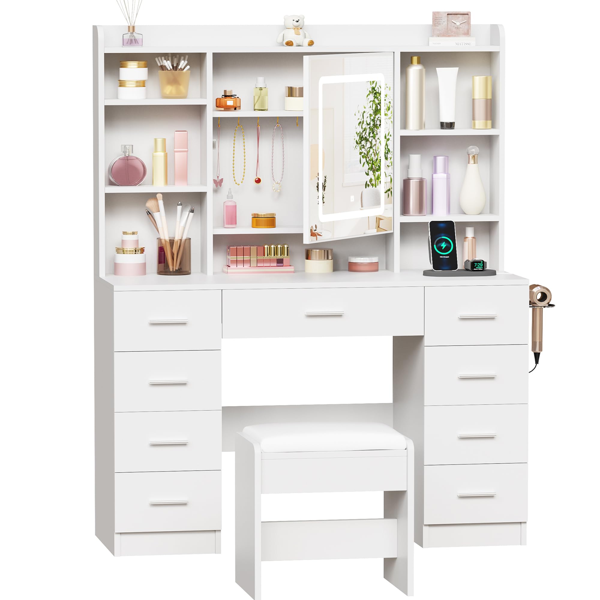 BEWISHOME Vanity Desk with Mirror and Lights, Makeup Vanity Table with Power Outlet,Stool Vanity Table with 9 Drawers 6 Storage Shelves Jewelry Storage,Dressing Table for Bedroom Girls White FST36W