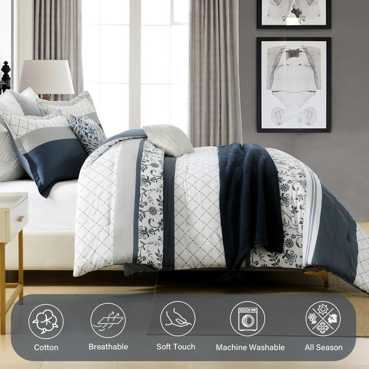 Navy Floral Cotton Comforter Set