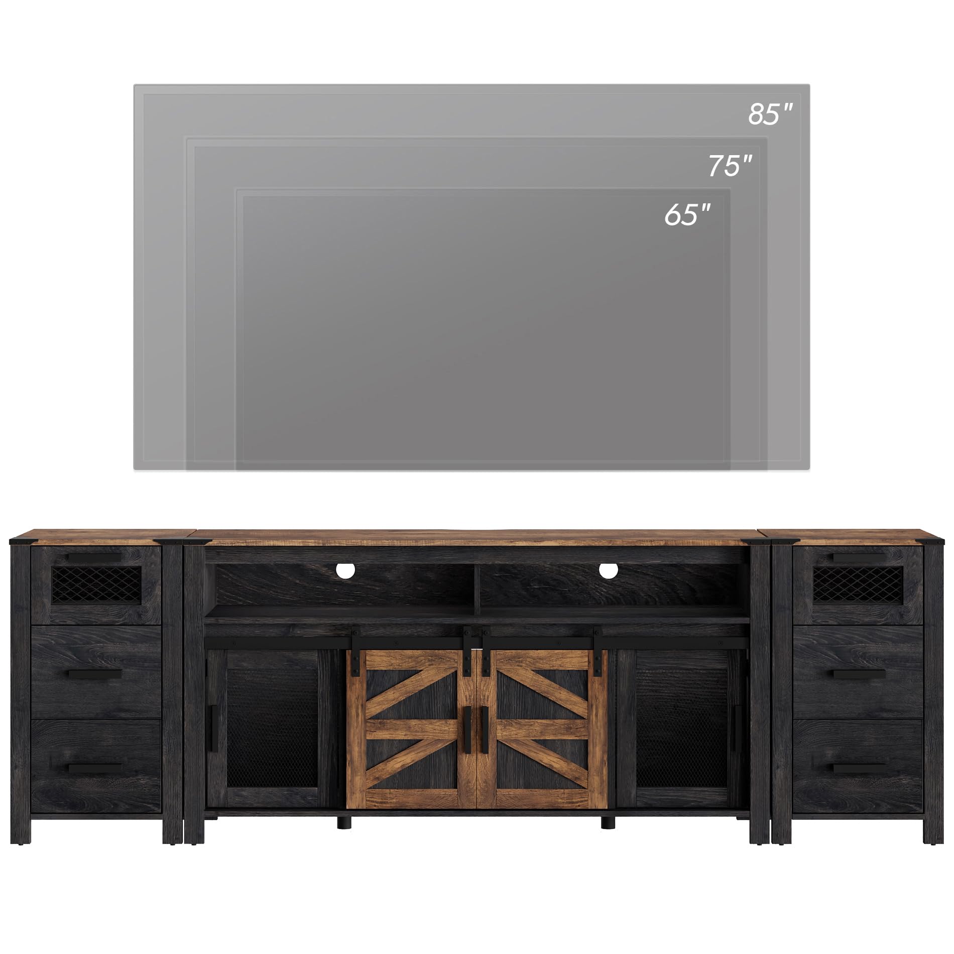 WAMPAT Drawer TV Stand Set for ups to 85 inch TV,Entertainment Center with Sliding Barn Door,Farmhouse Media TV Console Table with Adjustable Shelf for Living Room Bedroom,Dark Walnut and Black