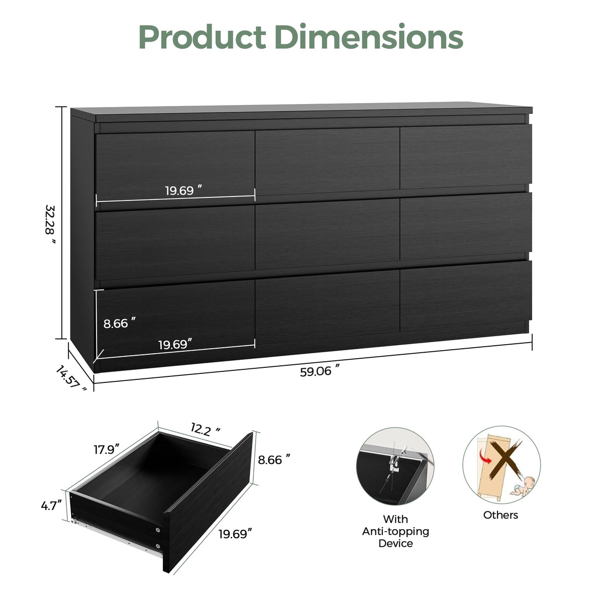 Jocoevol Modern 9 Drawer Dresser for Bedroom, Simply Chest of Drawers, Wood Storage Dresser with Deep Drawers for Living Room Hallway Entryway (Black)