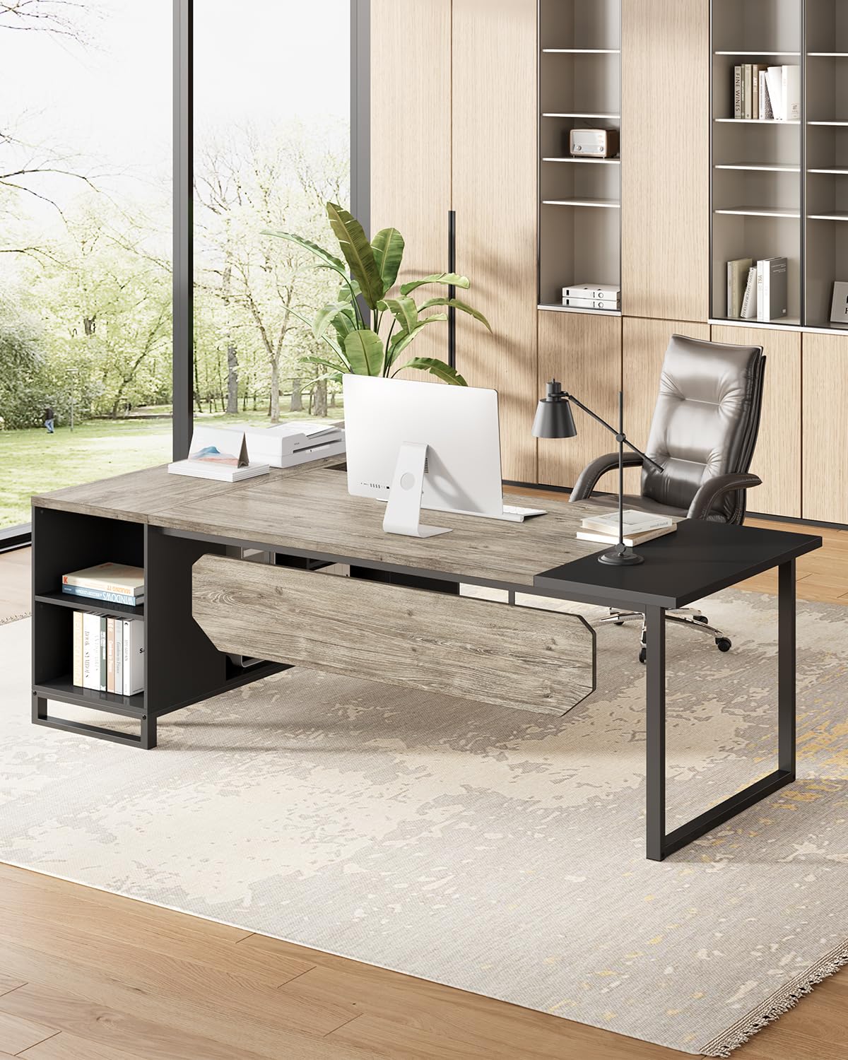 L-Shaped Executive Desk with File Cabinet, 70.8" – Grey & Black