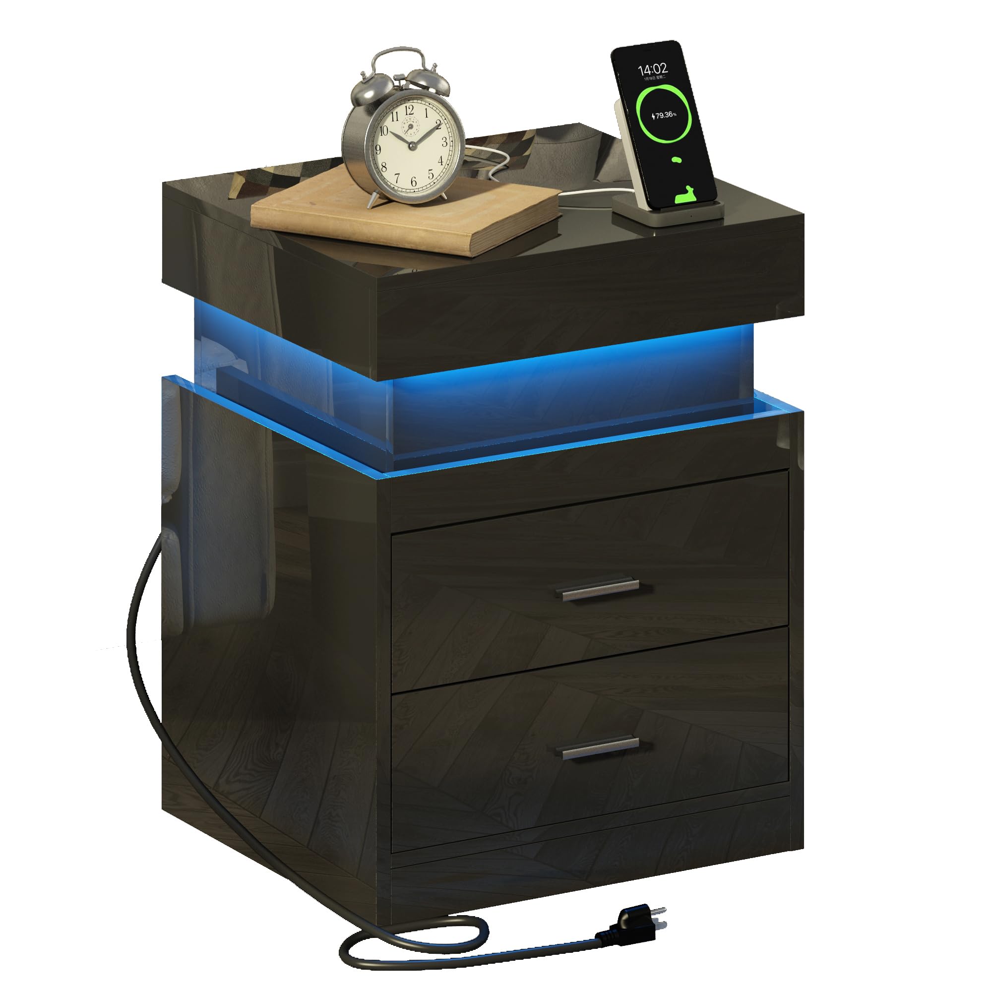 LED Nightstand with Charging Station & 2 Drawers