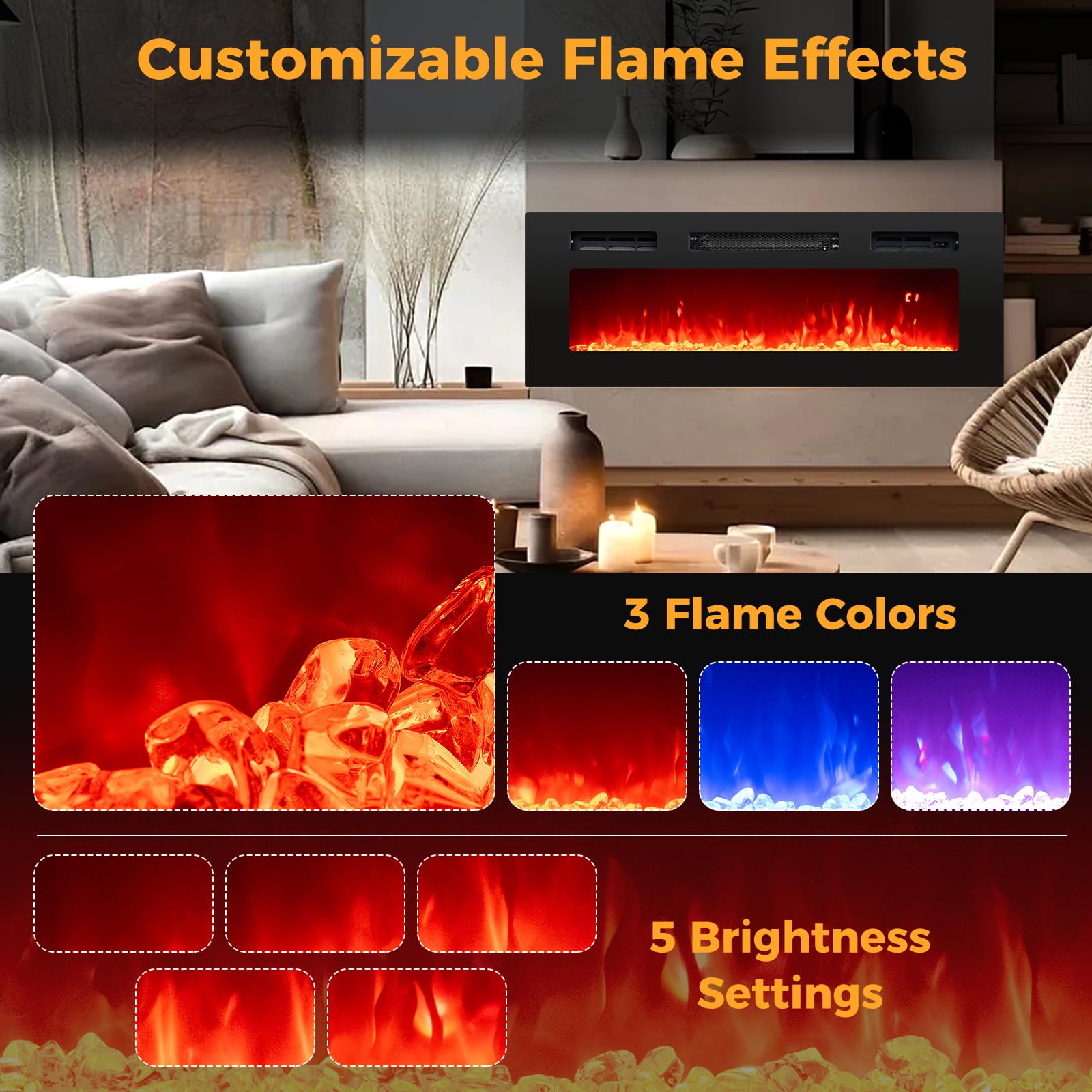 Tangkula 36 Inches Electric Fireplace, 5,000 BTU Fireplace Insert with LED Light Strips, Remote, Crystal Stones & Adjustable Flame Effect, 1-8H Timer, Thermostat & Overheat Protection