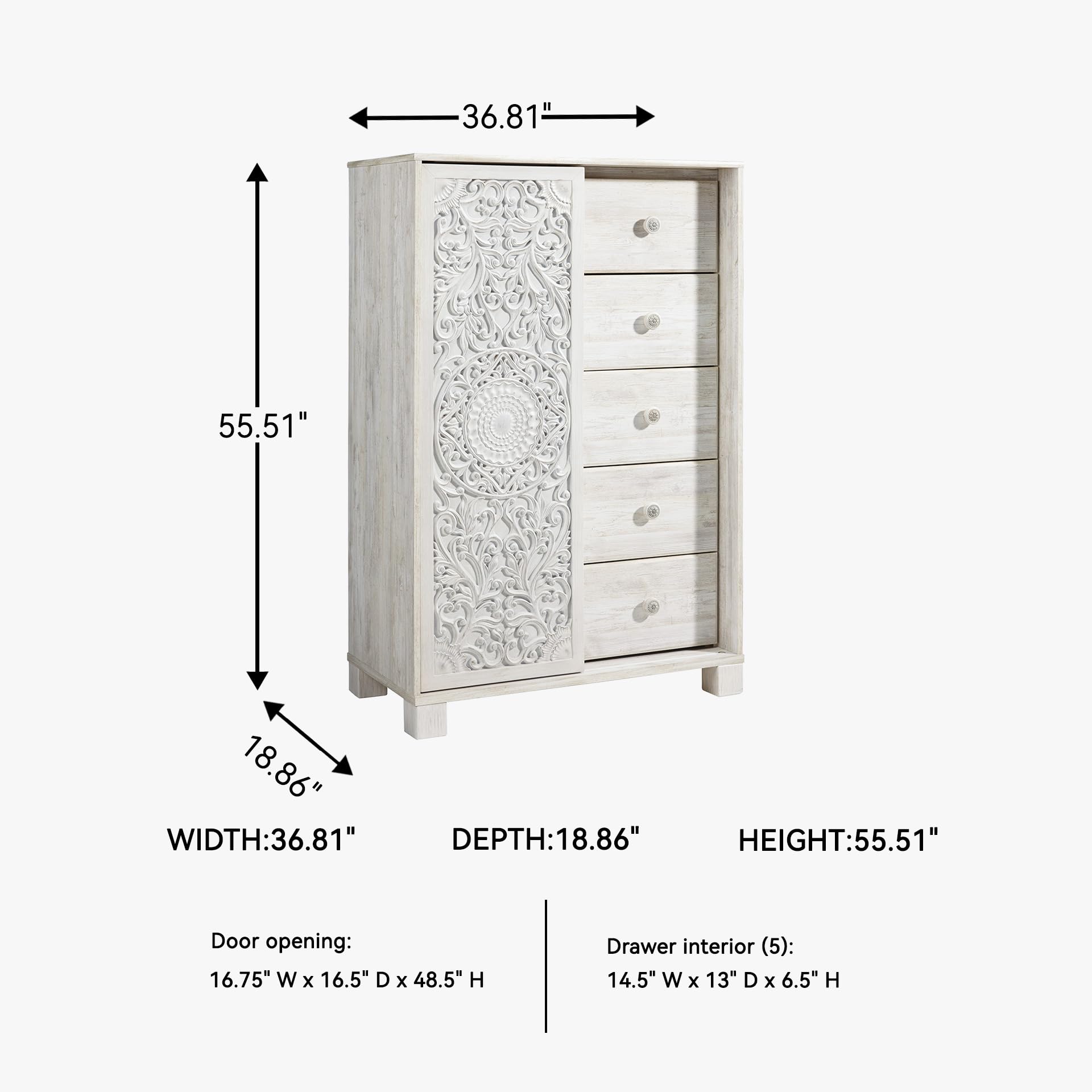 Signature Design by Ashley Paxberry Boho 5 Drawer Dressing Chest with Slider Door & 3 Adjustable Shelves, Whitewash