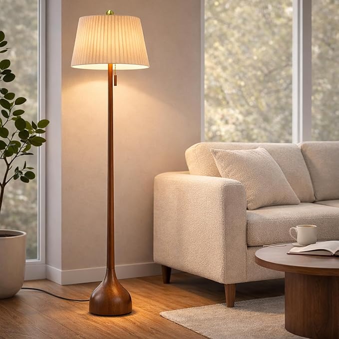 Mid-Century Modern Wood Floor Lamp with Dual Shades