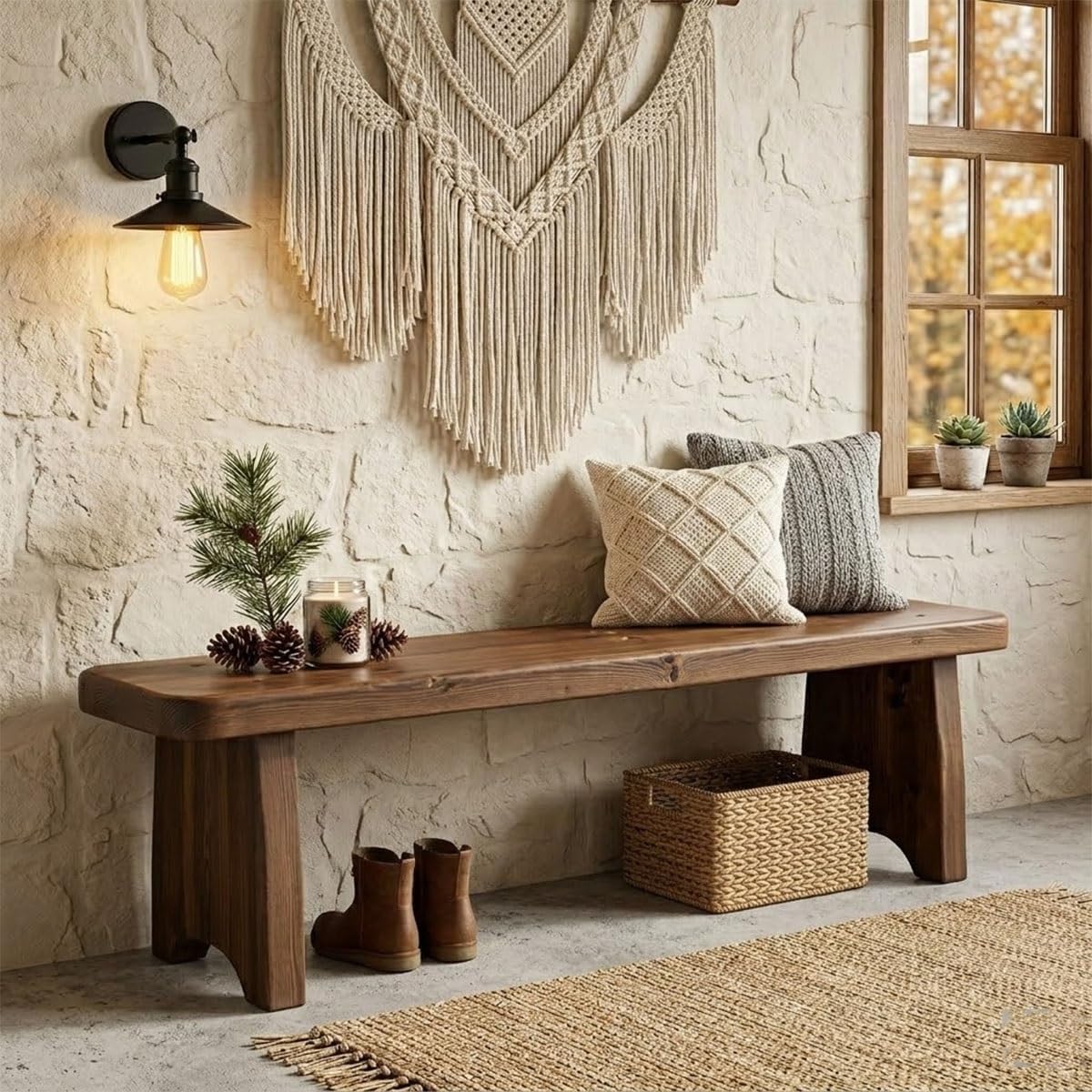 Wnanch Entryway Bench, 24" to 59" Solid Wood Bench, Wooden Shoe Bench for Entryway, Farmhouse End of Bed Bench for Bedroom, Dining Room, Kitchen, Window Seat, Outdoor Garden Bench Seat