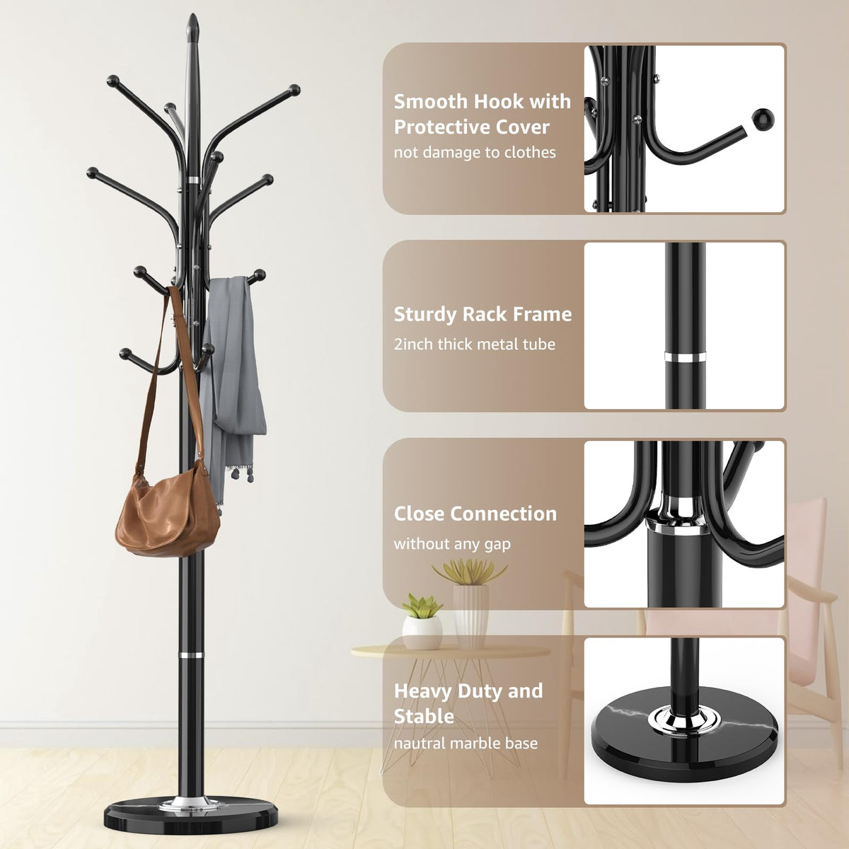 HzTinT Heavy Duty Coat Rack with Marble Base, 12 Hooks, Adjustable Heights