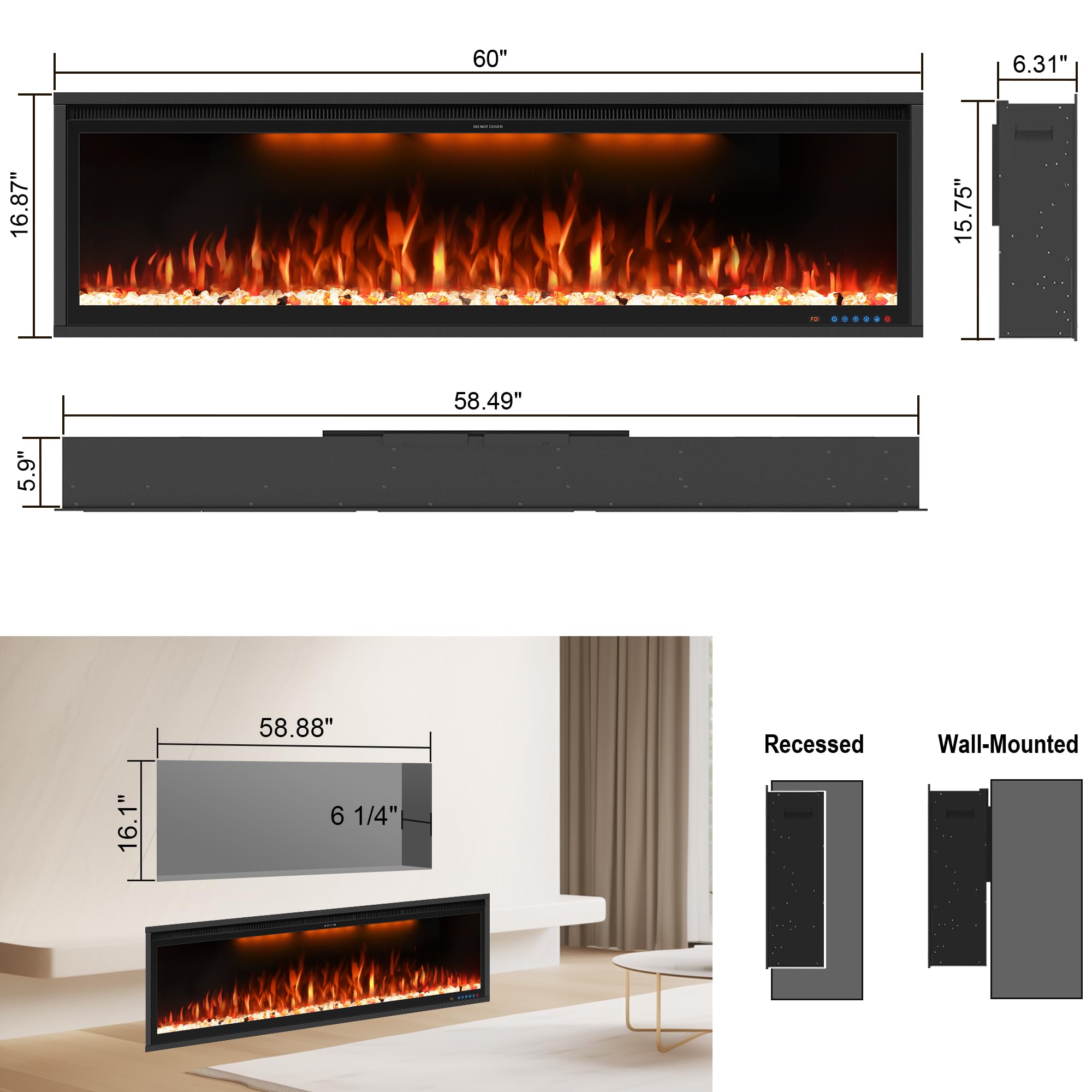 60" Smart Electric Fireplace Inserts, Slim Fireplace with APP & Alexa Control, Remote & Touch Panel, Adjustable Flame Colors & Fuel Bed Colors, Timer & Overheat Protection, 750W/1500W, Black