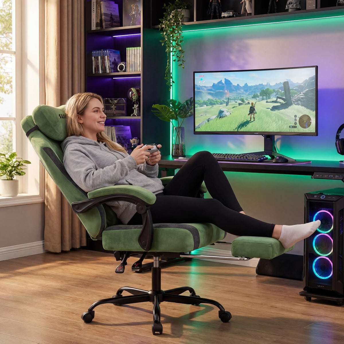 Green Fabric Gaming Chair with Footrest