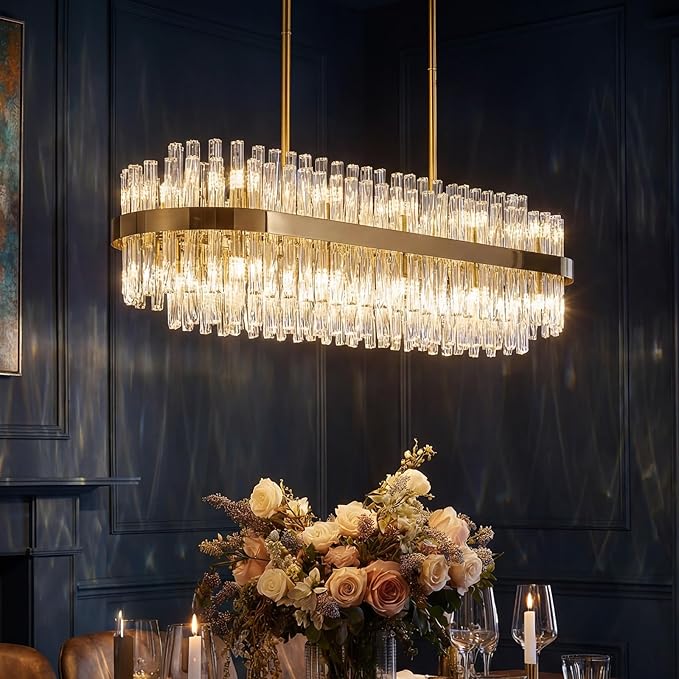 2-Tier Wave Crystal Glass Rectangle Chandelier | 28-Light, Gold