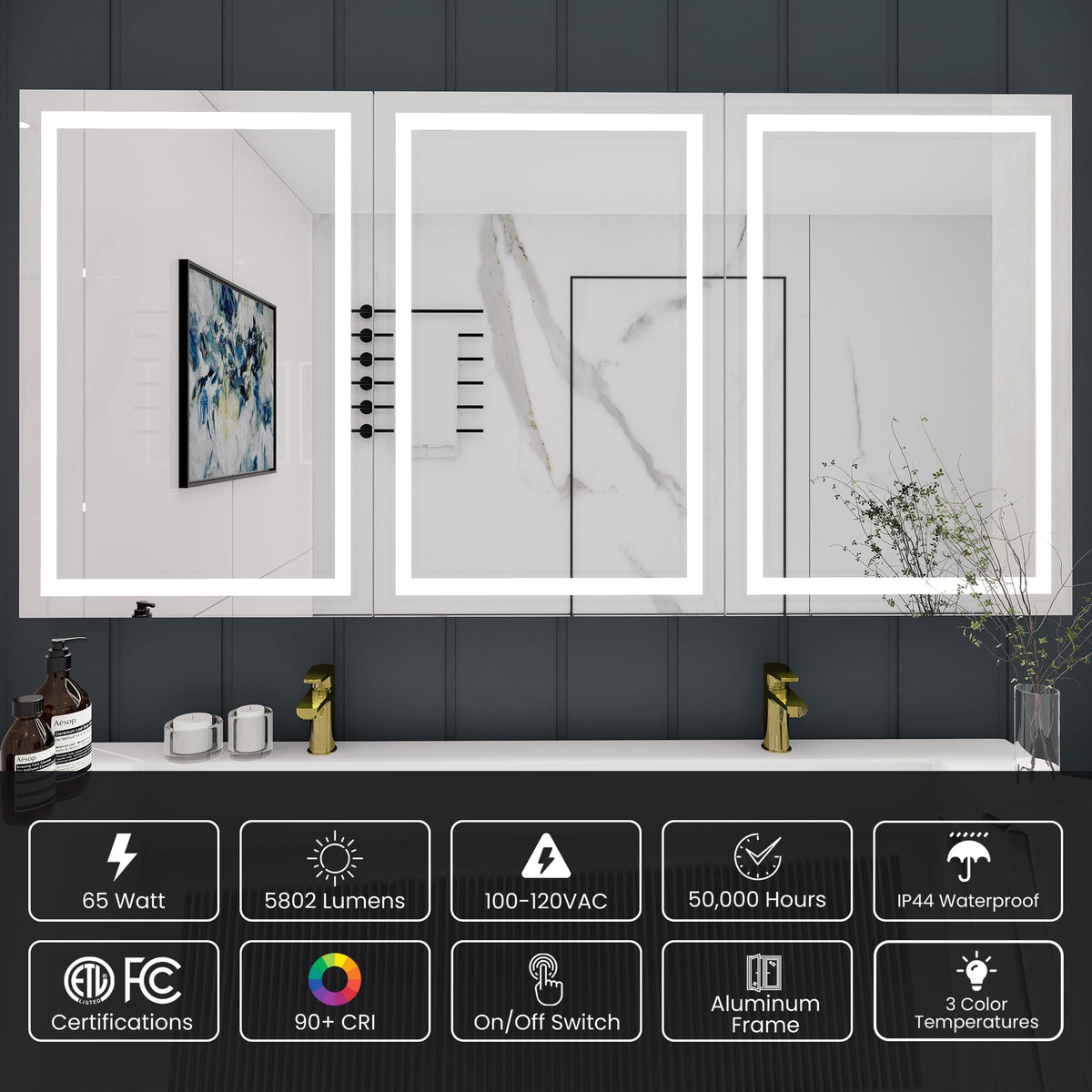 LEDMyplace 72 X 30 Inch LED Lighted Bathroom Mirror Medicine Cabinet, Double Sided Mirror On/Off Switch Hector Style for Bedroom, Living Room, Powder Room, Dressing Room, Hair Saloon