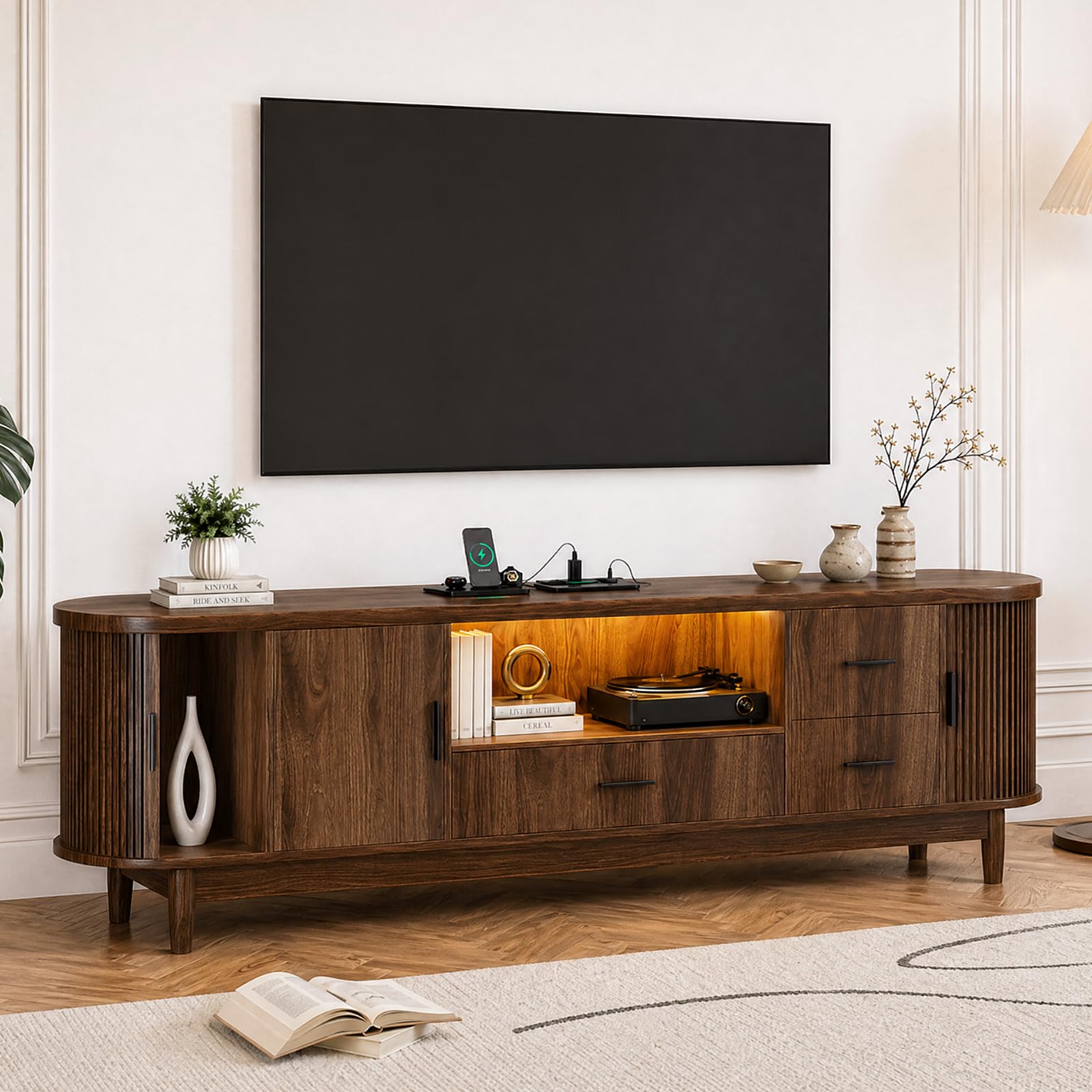 63" Mid-Century Modern TV Stand with LED Lights & Power Outlet