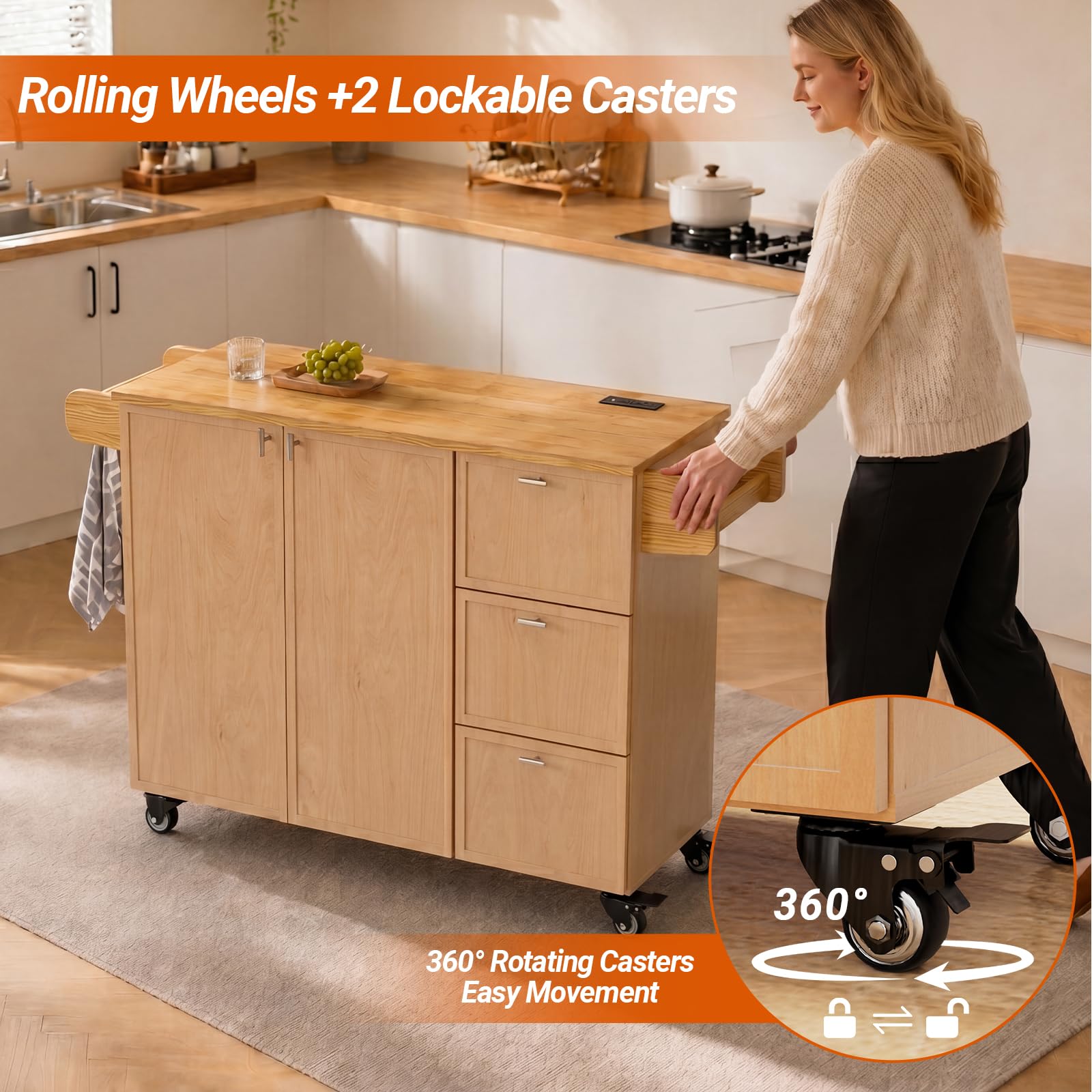 Kitchen Island with Storage, Rolling Kitchen Island on Wheels with Drawers and Doors, Mobile Kitchen Island with Towel Rack and Spice Rack, Wood Top Kitchen Cart with Power Outlet for Kitchen (Oak)